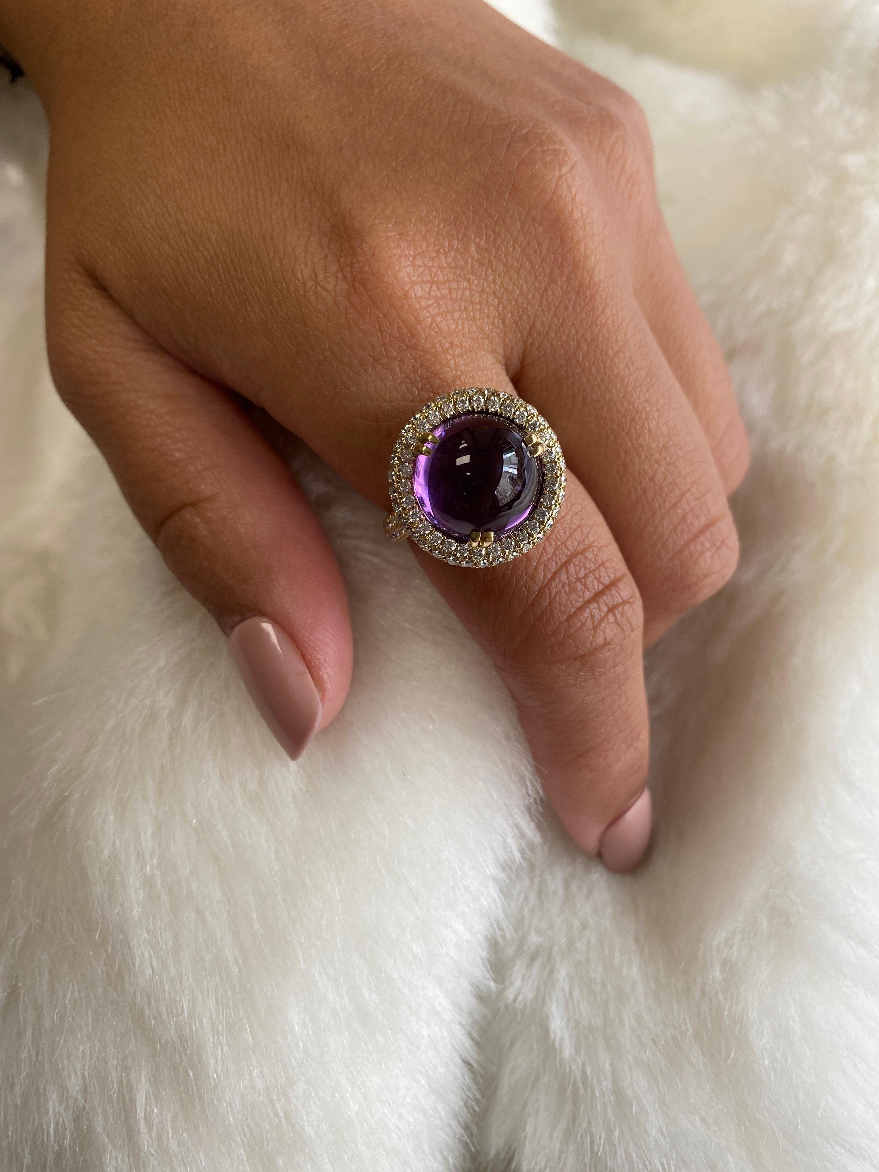 Amethyst Round Cab Ring in Tube Setting with Diamond in 18K Yellow Gold, from 