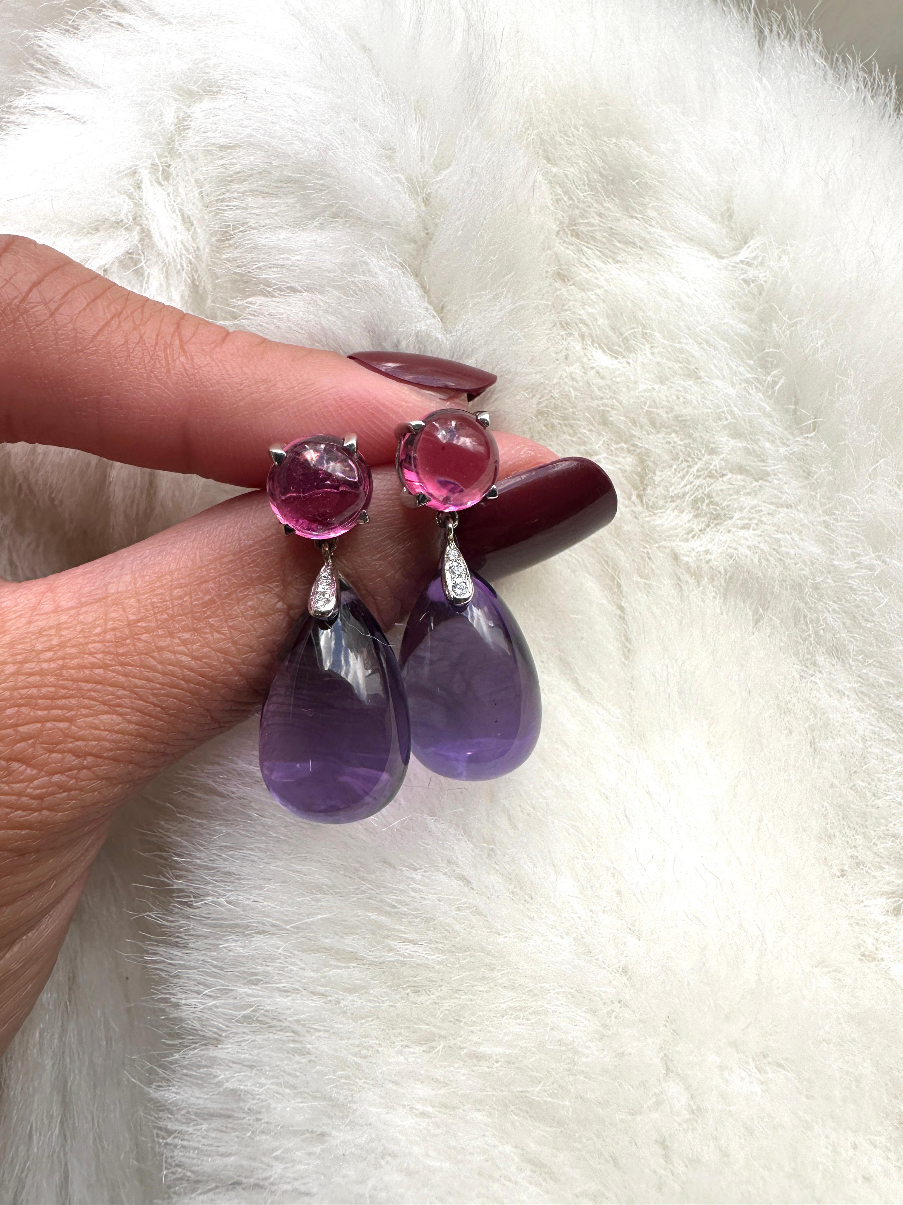 Contemporary Goshwara Amethyst, Rubelite Cabochon & Drop with Diamonds Earrings For Sale
