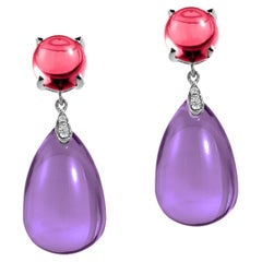 Goshwara Amethyst, Rubelite Cabochon & Drop with Diamonds Earrings