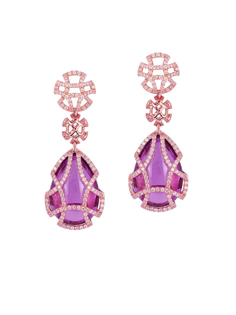 Contemporary Goshwara Amethyst Teardrop Cage And Diamond Earrings For Sale