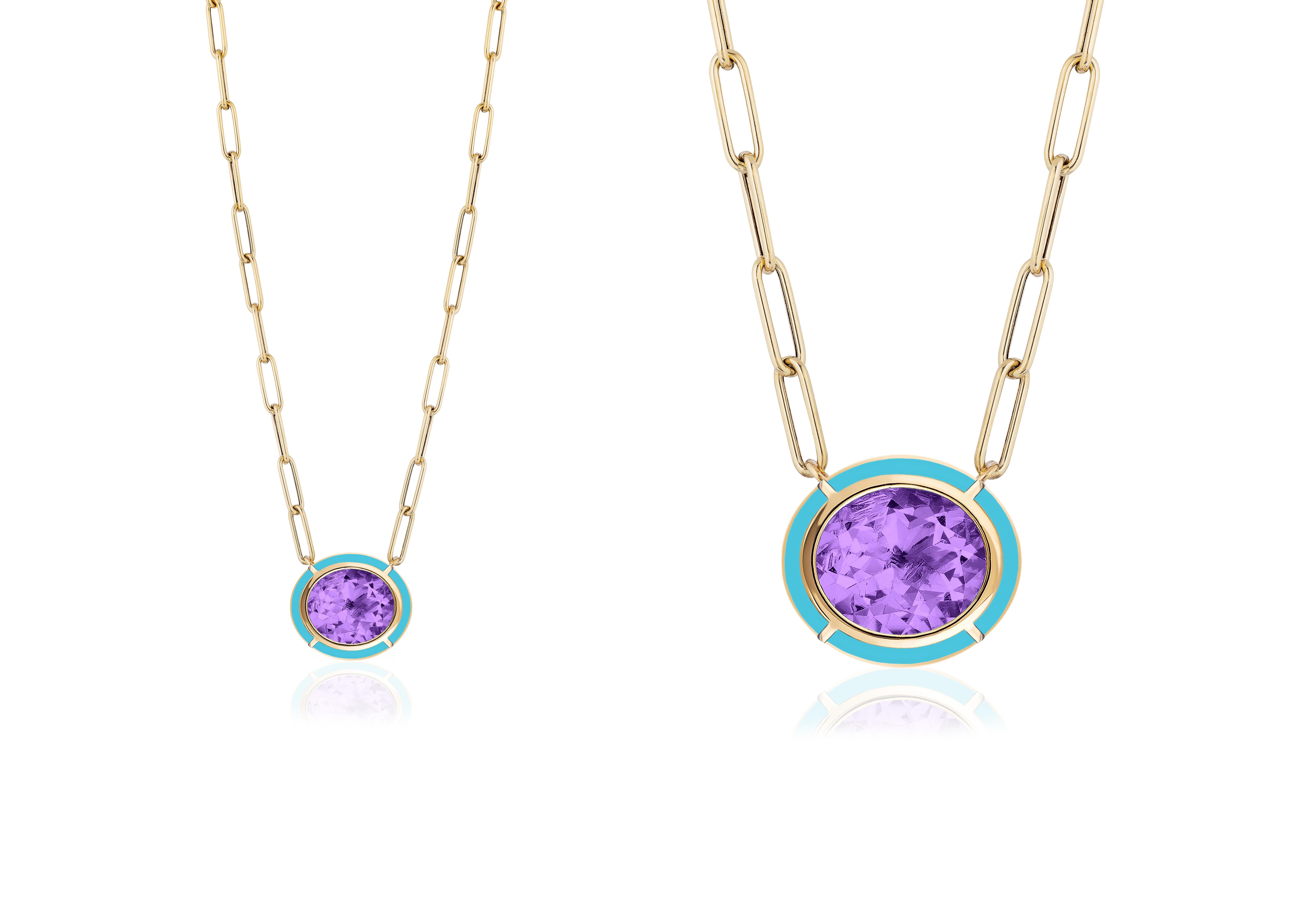This Amethyst & Turquoise Inlay Oval Pendant in 18K Yellow Gold is a stunning piece of jewelry from the 'Mélange' Collection. The pendant features an oval-shaped Amethyst surrounded by a Turquoise stone, both set in 18K Yellow gold. The combination