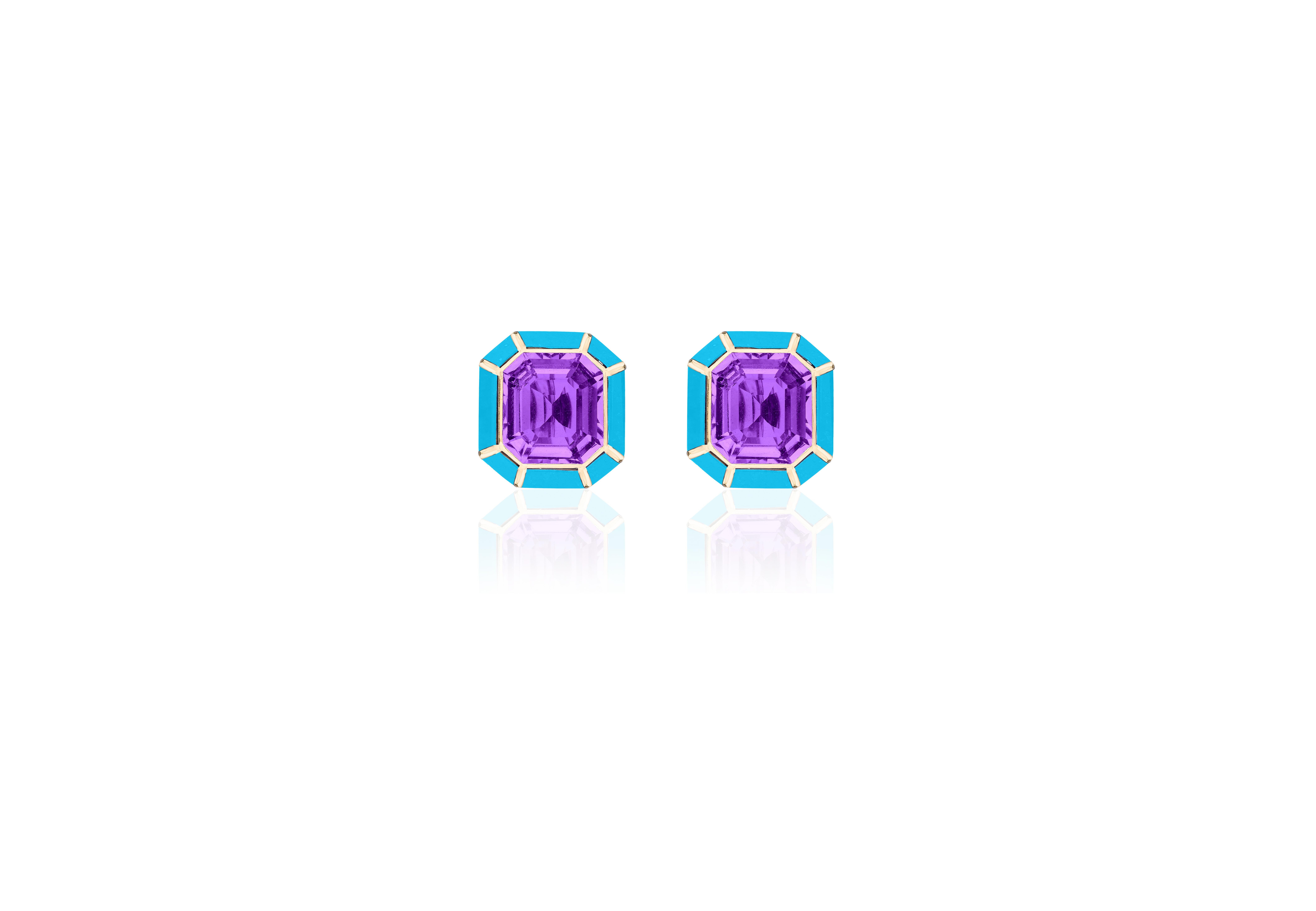 Contemporary Goshwara Amethyst & Turquoise Inlay Stud Earrings For Sale