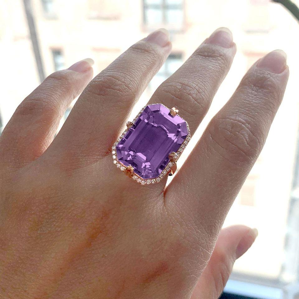 Amethyst Emerald Cut Ring with Diamonds in 18K Yellow Gold, From 'Gossip' Collection

Stone Size: 20 x 14 mm 

Gemstone Approx Wt: Amethyst - 16.55 Carats

Diamonds: G-H / VS, Approx Wt: 0.41 Carats