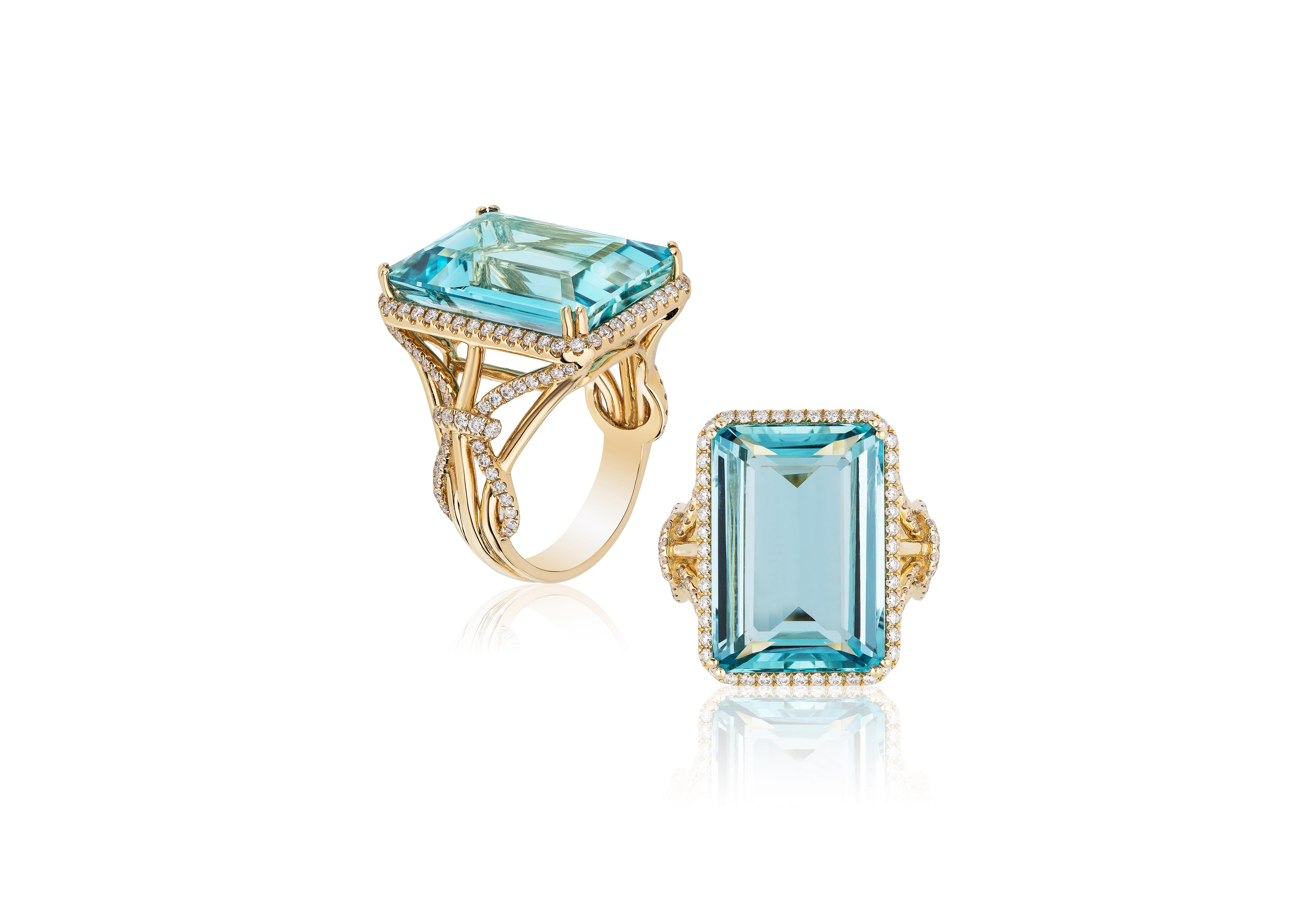 Goshwara Aqua Emerald Cut with Diamonds Ring For Sale 2