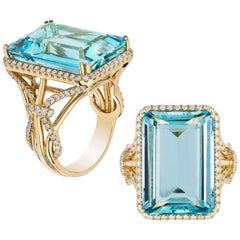 Goshwara Aqua Emerald Cut with Diamonds Ring