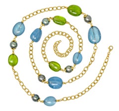 Goshwara Aquamarine Peridot Tahitian Pearl 18 Karat Gold Long Chain Station Neck