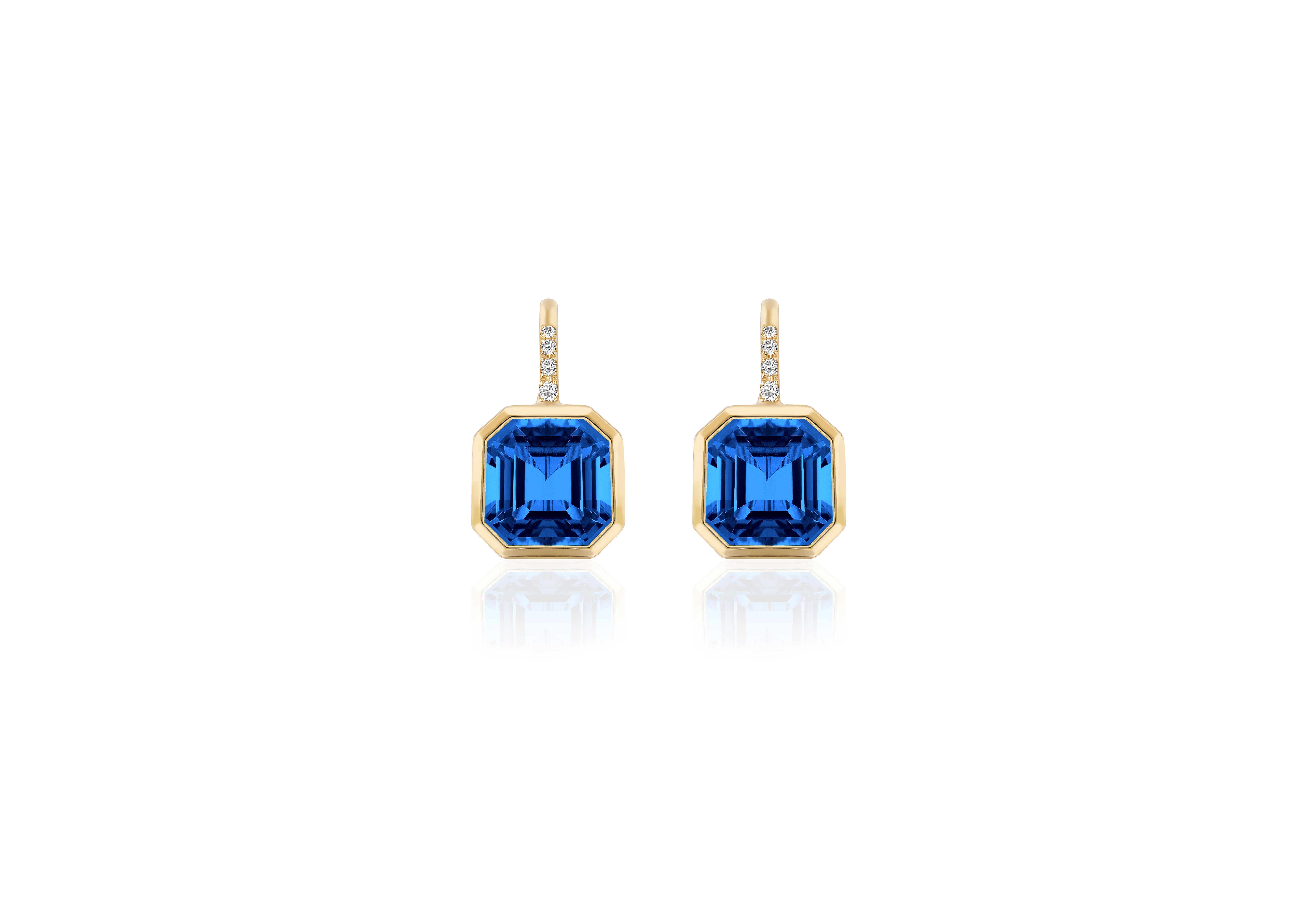 Asscher Cut London Blue Topaz Earrings on Wire with Diamonds in 18K Yellow Gold, from 'Gossip' Collection. Like any good piece of gossip, this collection carries a hint of shock value. These earrings are perfect for an everyday look and can be