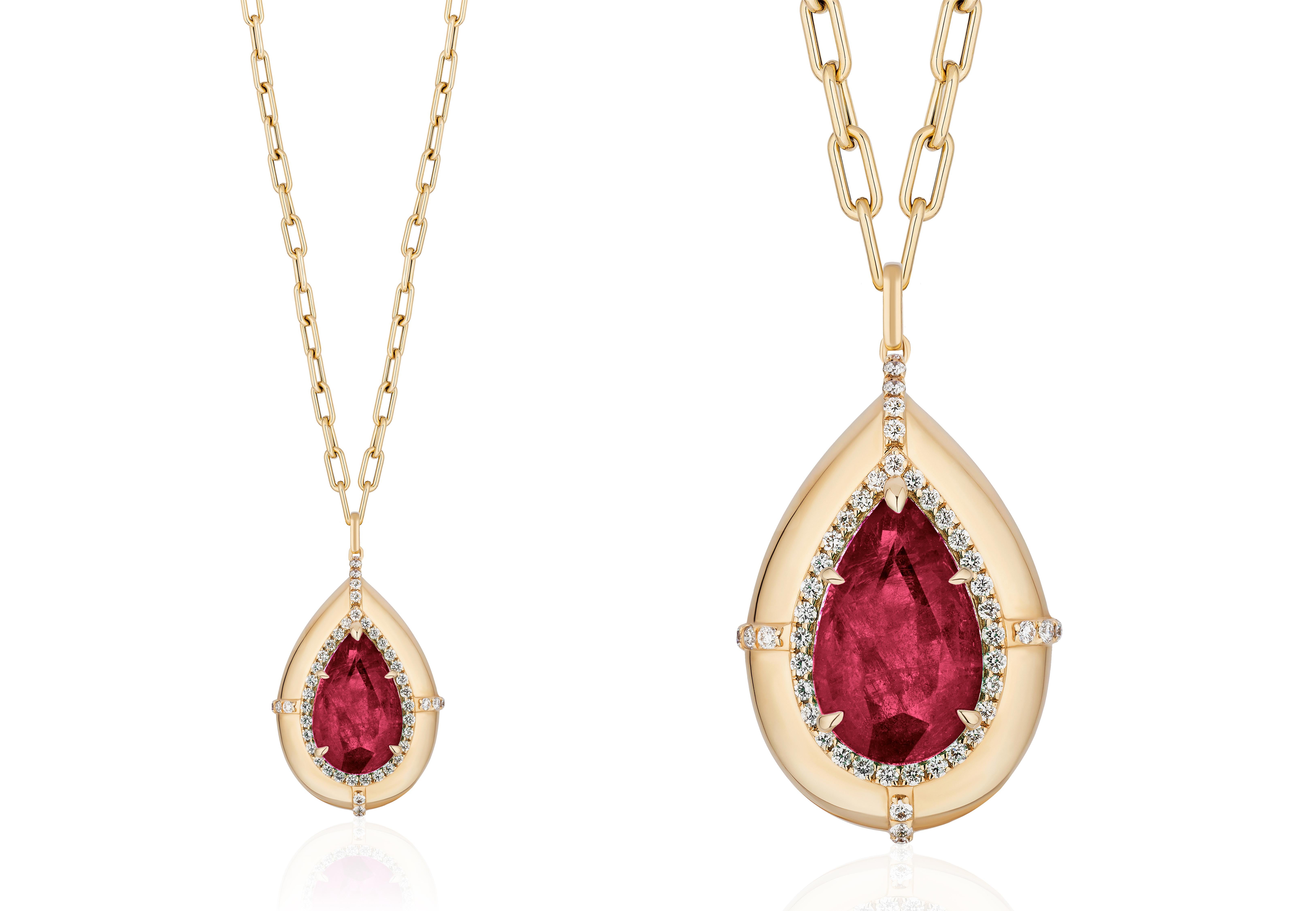 Big Pear Shape Rubelite Pendant with Diamonds in 18K Yellow Gold, from 