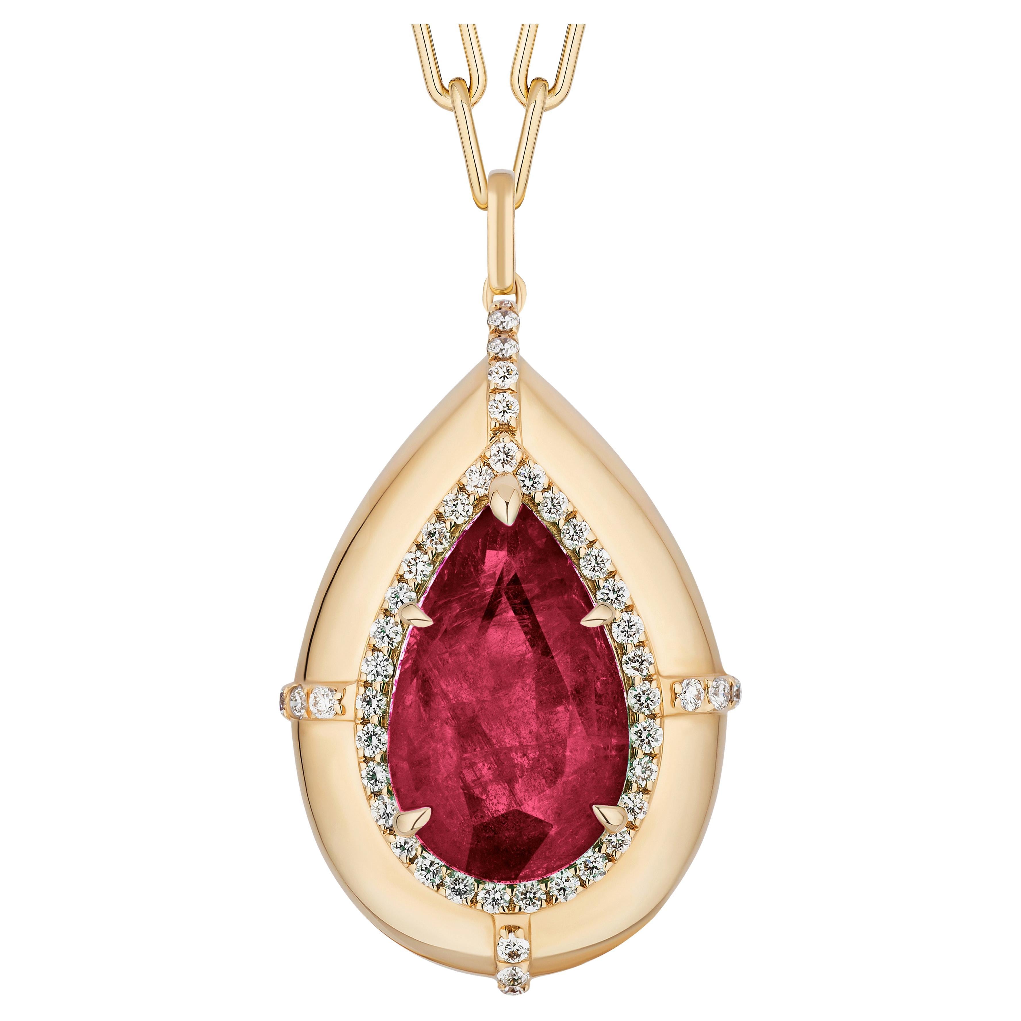 Goshwara Big Pear Shape Rubelite with Diamonds Pendant For Sale