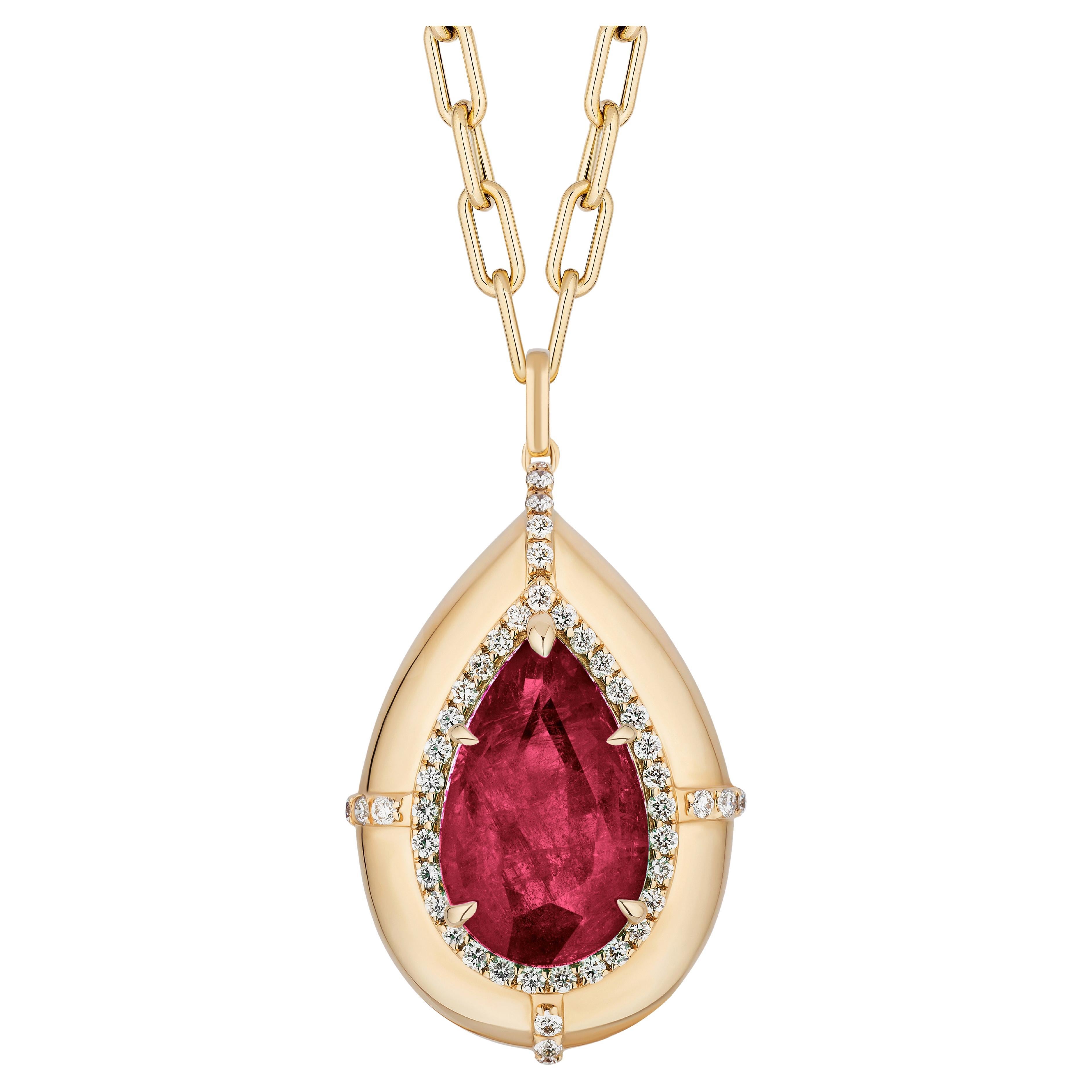 Goshwara Big Pear Shape Rubelite with Diamonds Pendant For Sale