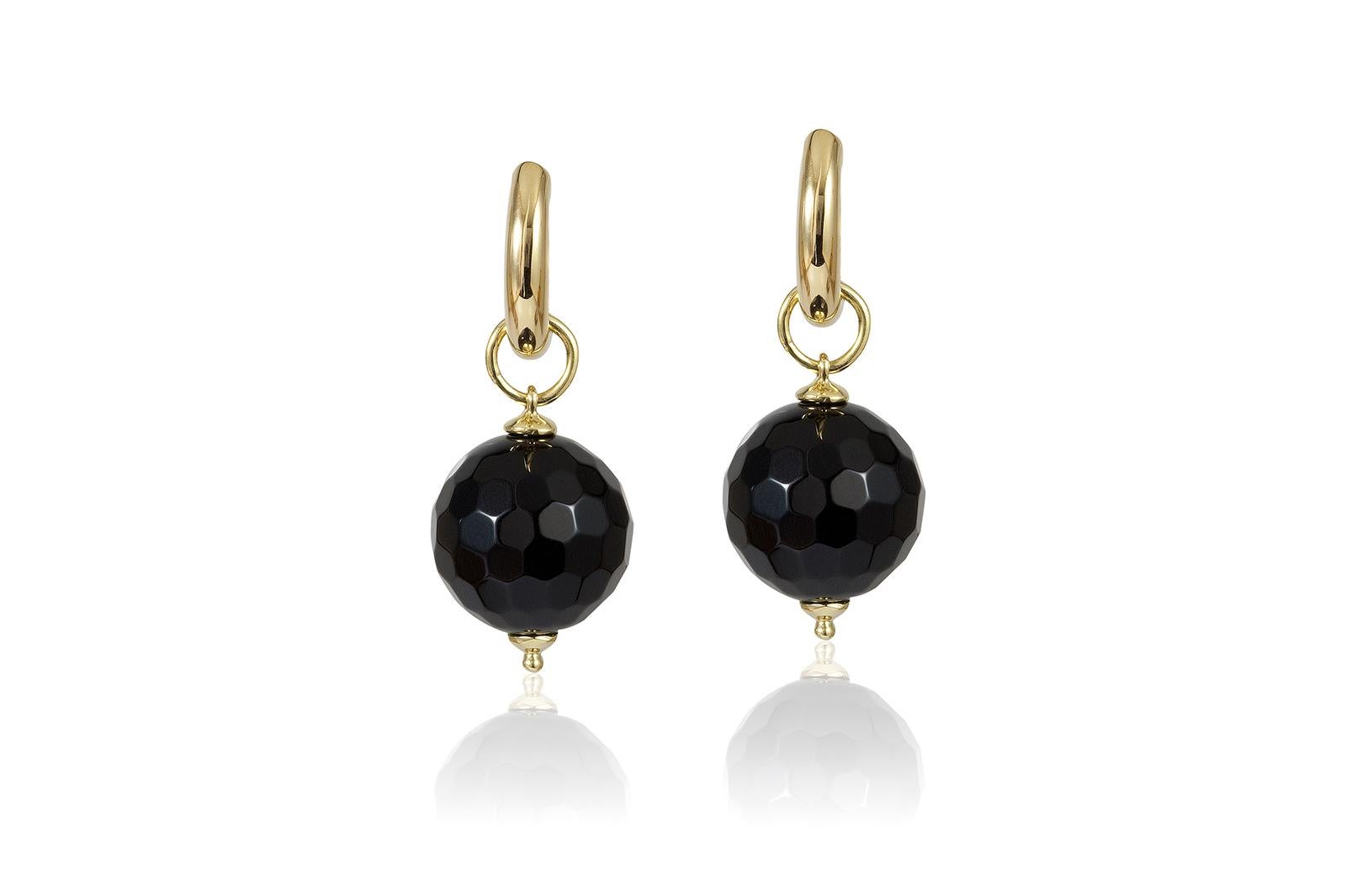 Introducing the epitome of elegance and sophistication: the Black Agate Faceted Round Bead Double Loop Earrings from the exquisite 'Beyond' Collection. Crafted in lustrous 18K Yellow Gold, these stunning earrings feature mesmerizing black agate