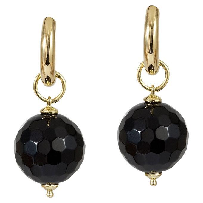 Goshwara Black Agate Faceted Round Bead Double Loop Earrings For Sale