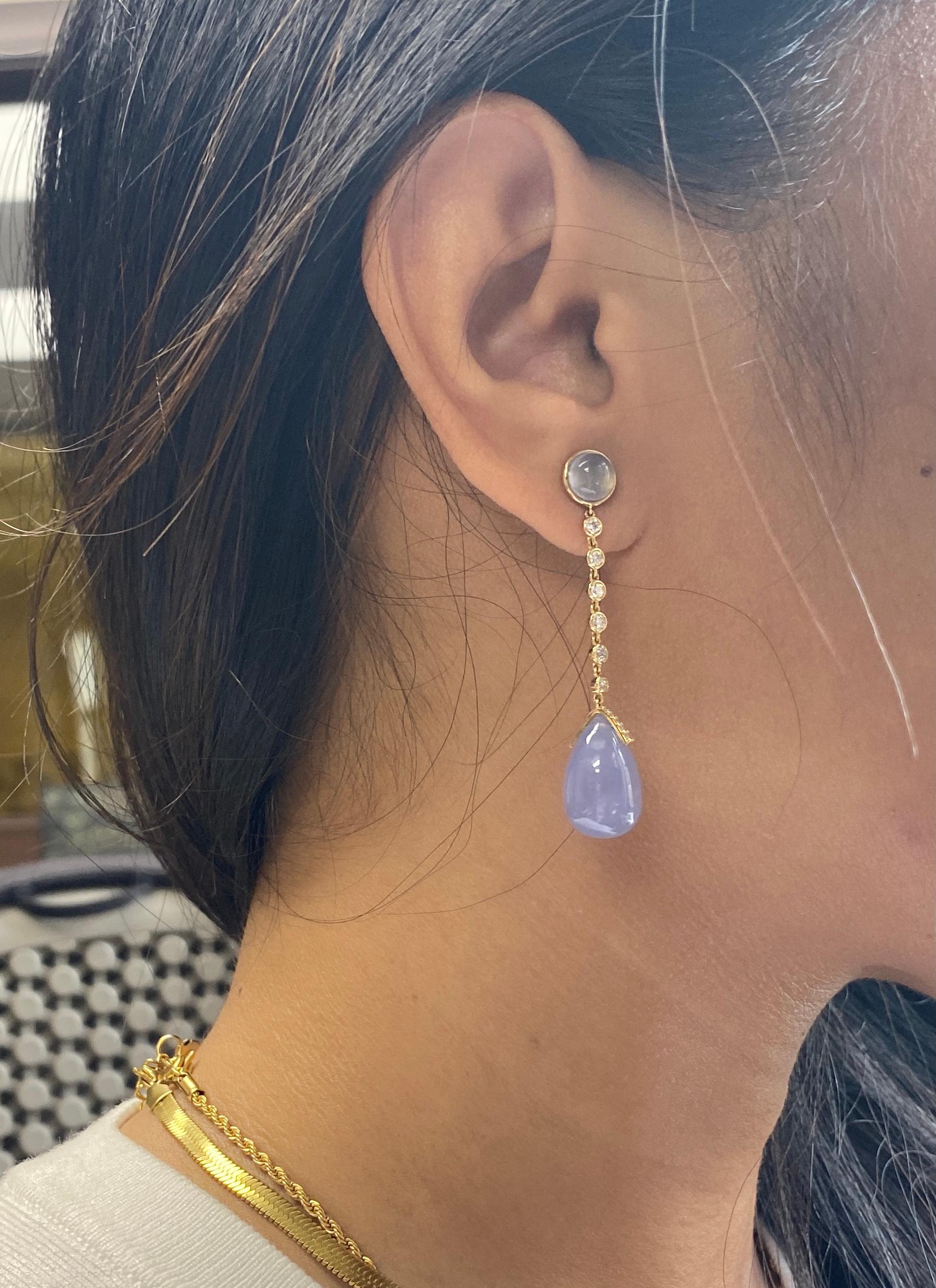 Goshwara Blue Chalcedony Cabochon-Drop And Diamond Earrings For Sale 4