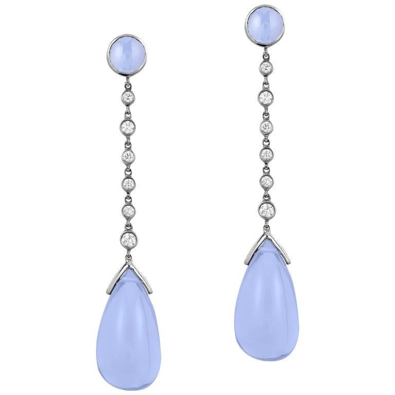 Contemporary Goshwara Blue Chalcedony Cabochon- Drop And Diamond Earrings For Sale