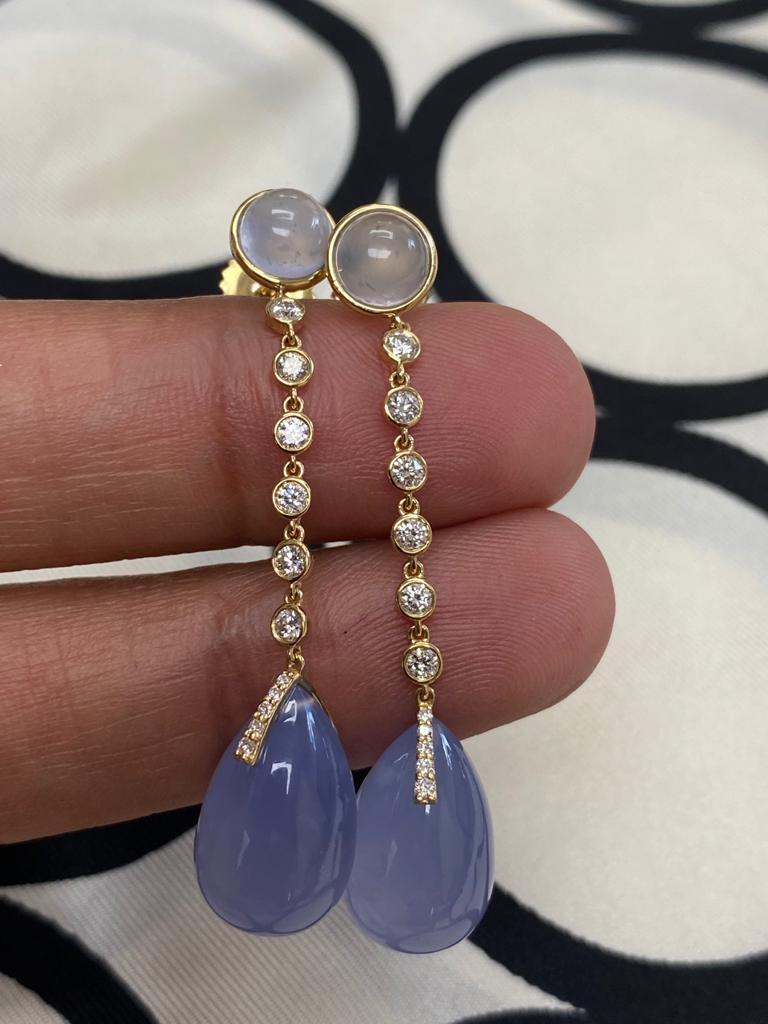 Contemporary Goshwara Blue Chalcedony Cabochon-Drop And Diamond Earrings For Sale