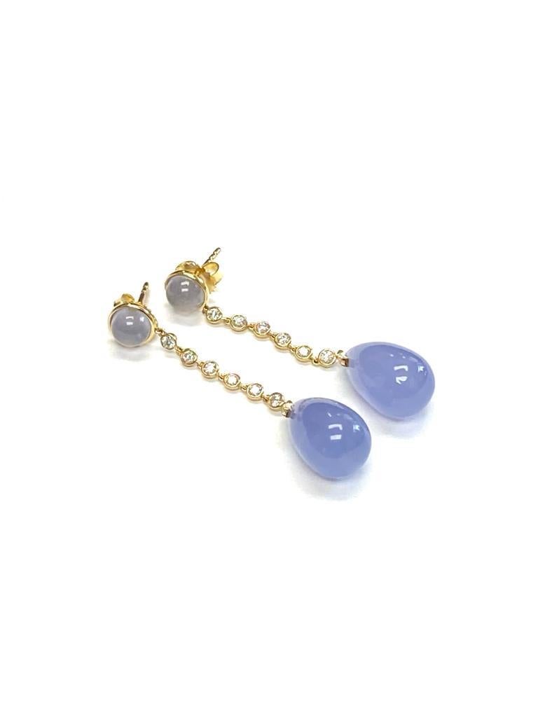 Pear Cut Goshwara Blue Chalcedony Cabochon-Drop And Diamond Earrings For Sale