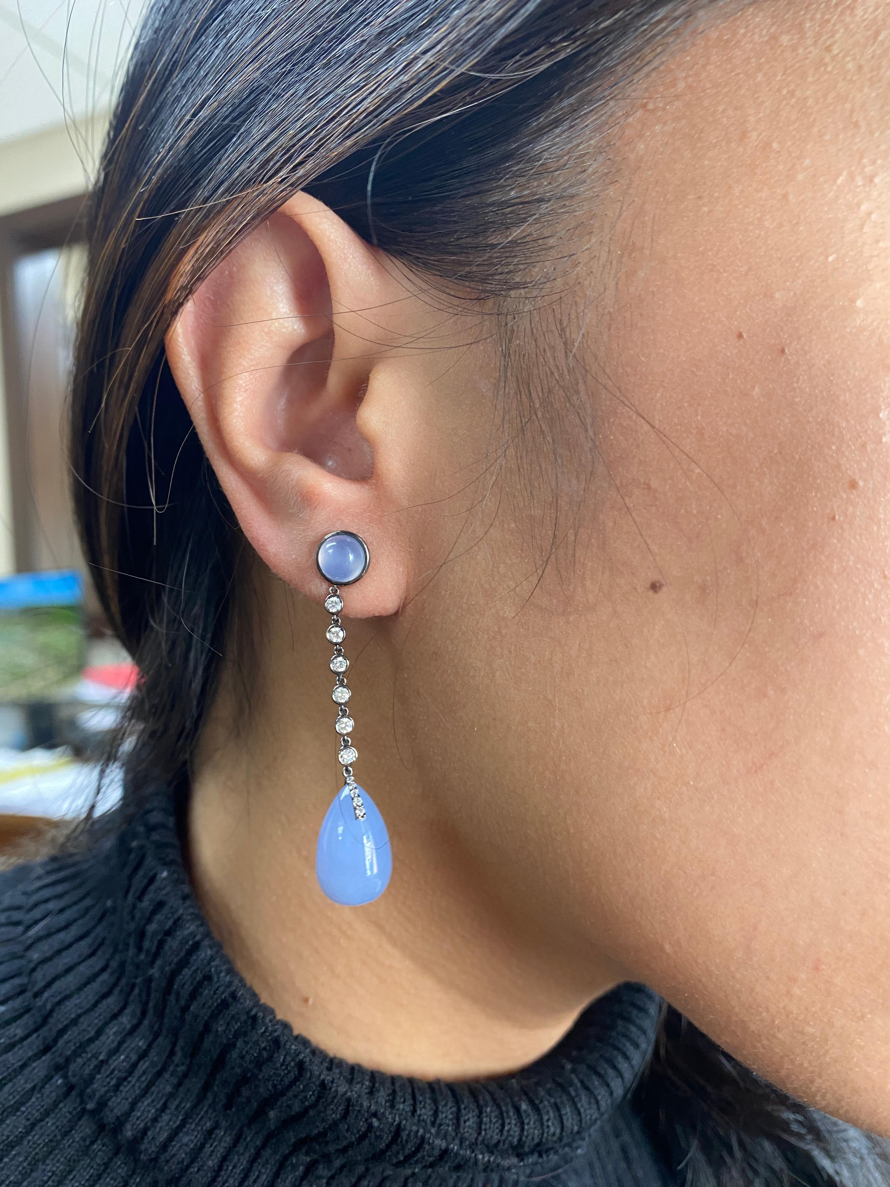Round Cut Goshwara Blue Chalcedony Cabochon- Drop And Diamond Earrings