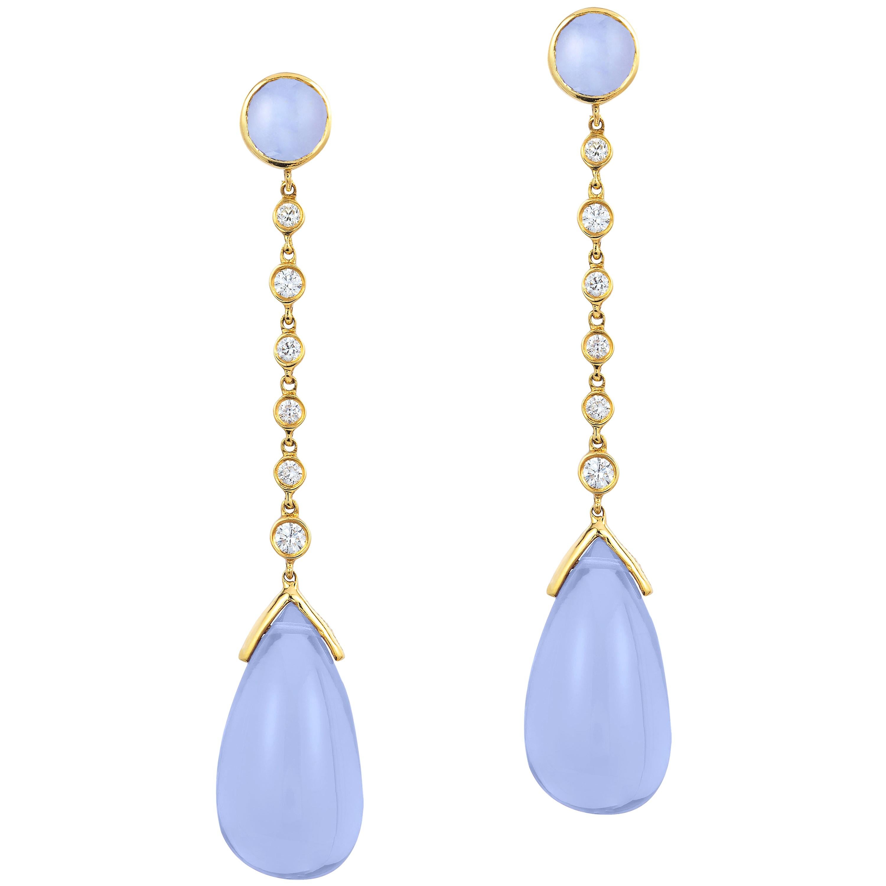 Goshwara Blue Chalcedony Cabochon-Drop And Diamond Earrings For Sale