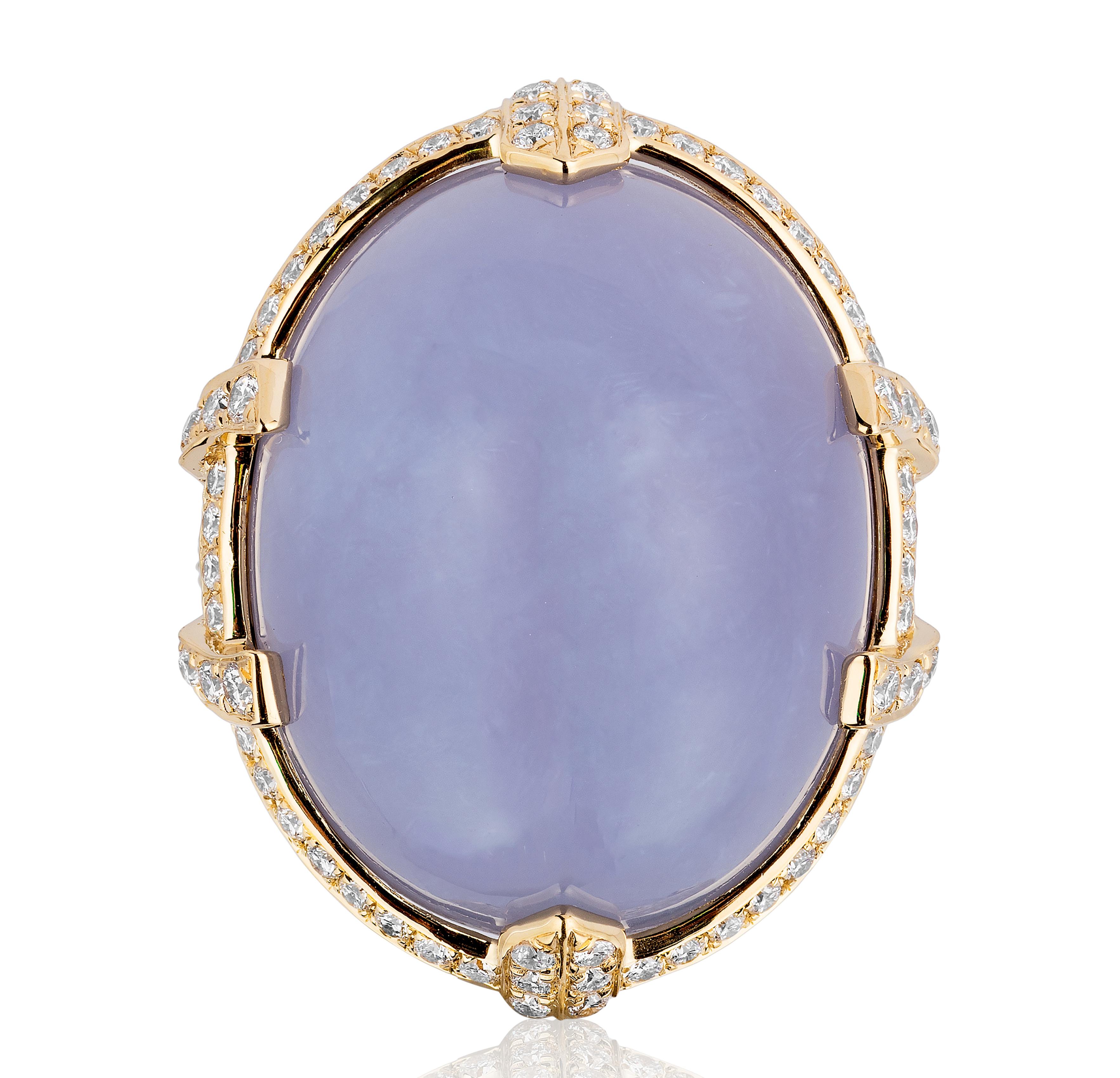 Blue Chalcedony Cabochon Ring with Bow Prong Diamonds in 18K Yellow Gold, 'Limited-Edition'.
These limited edition items are just that! Limited! 
Feel the exclusiveness and the love in every piece from this collection. Beautifully crafted, these