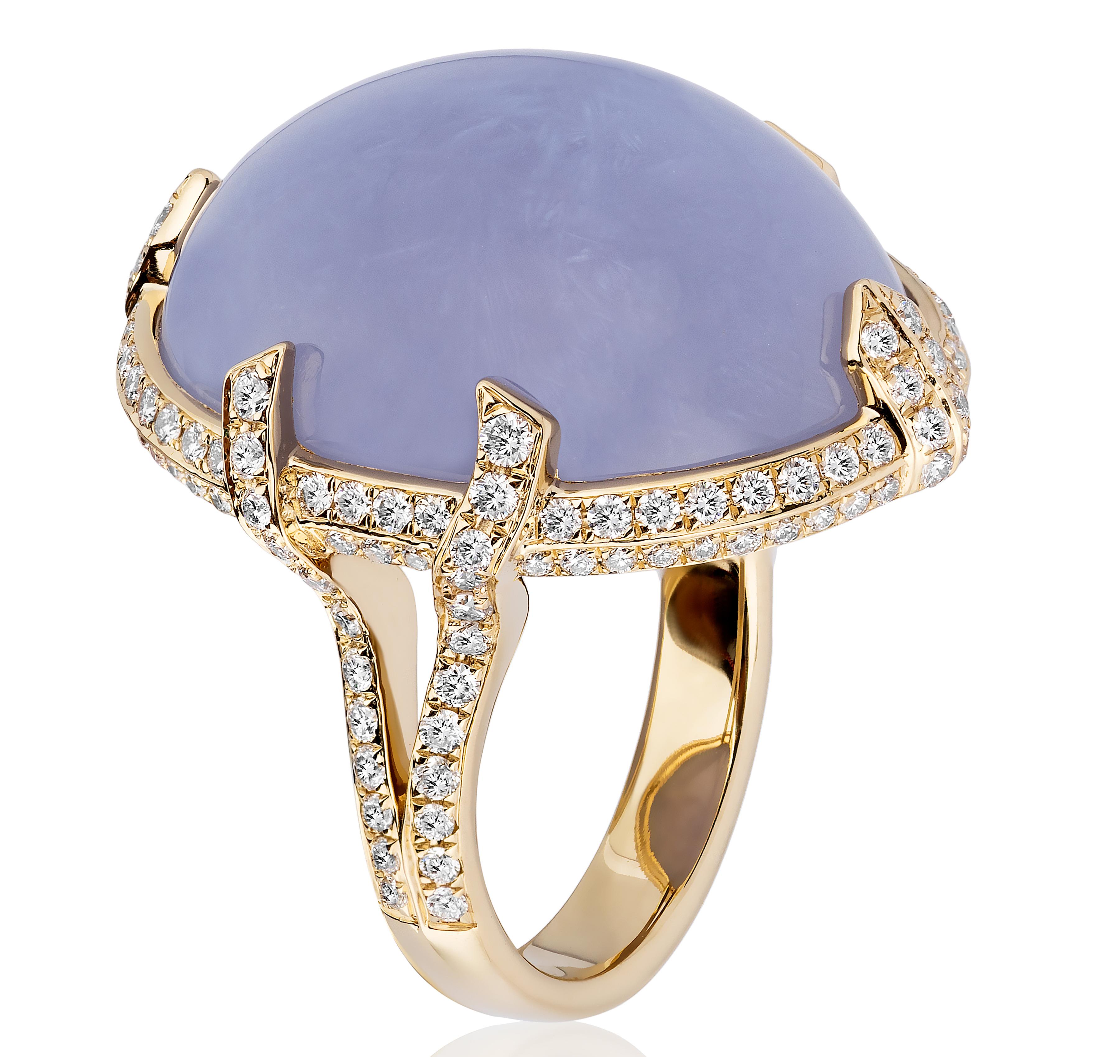 Contemporary Goshwara Blue Chalcedony Cabochon with Bow Prong Diamonds Ring For Sale