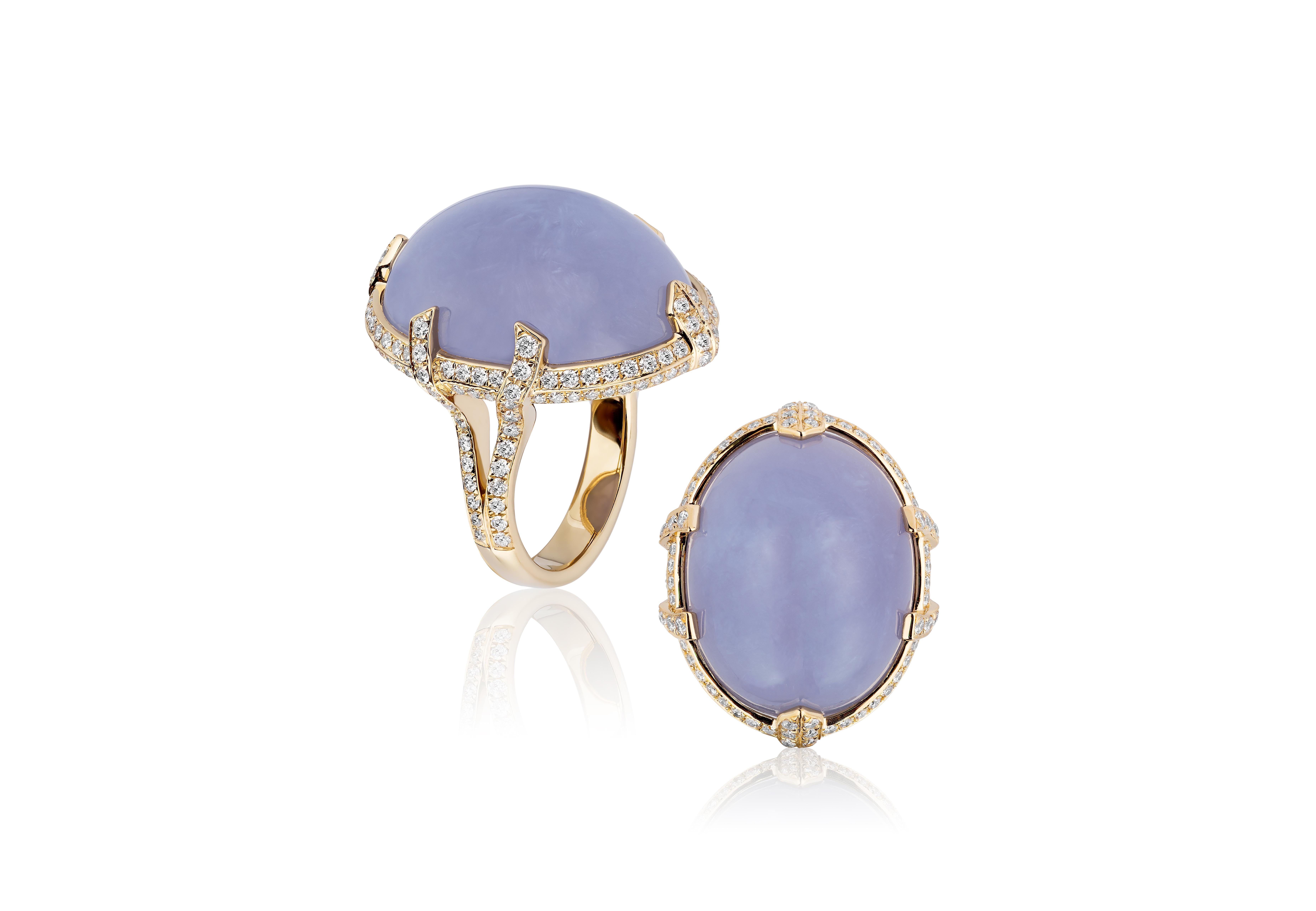 Goshwara Blue Chalcedony Cabochon with Bow Prong Diamonds Ring In New Condition In New York, NY