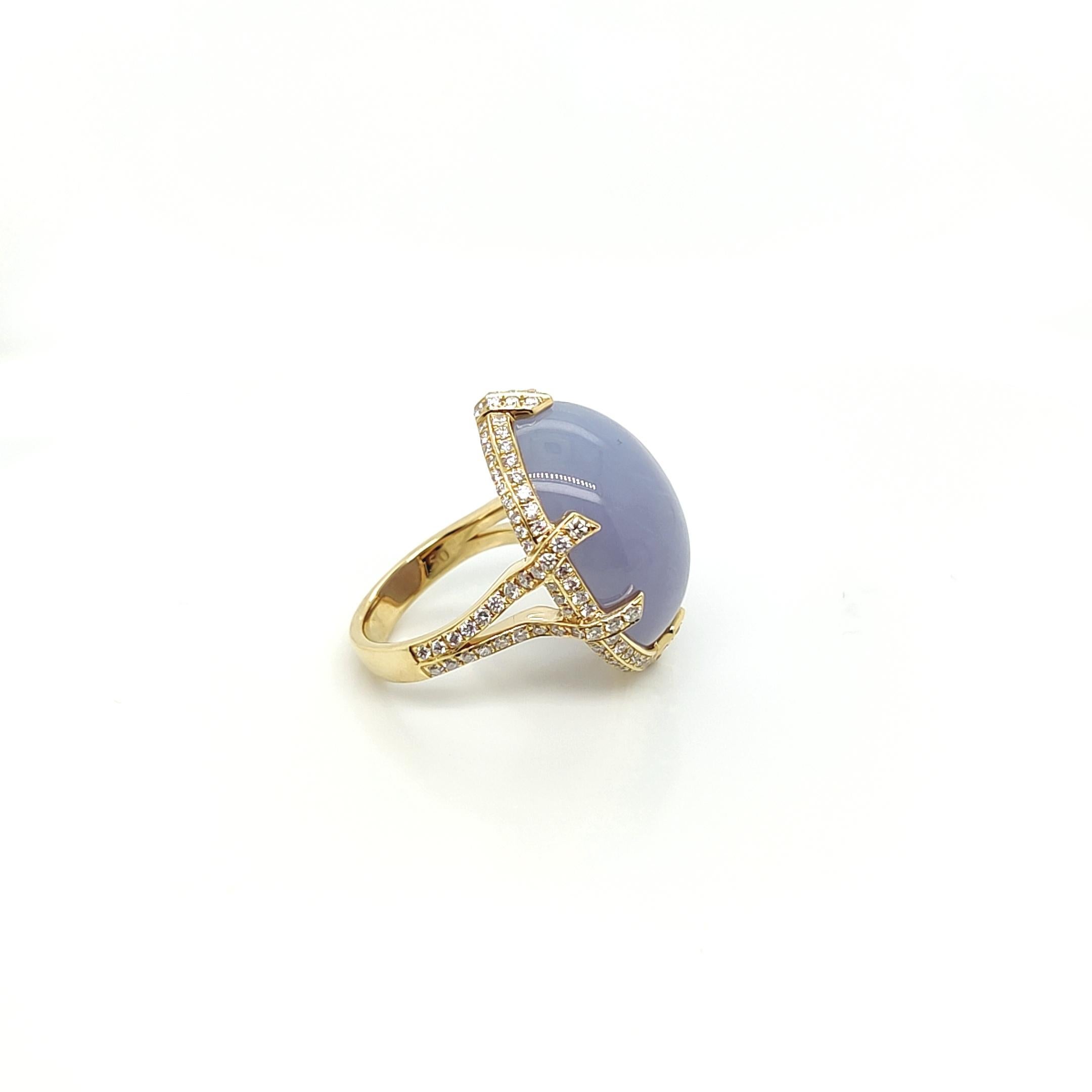 Women's Goshwara Blue Chalcedony Cabochon with Bow Prong Diamonds Ring For Sale