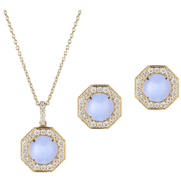 Contemporary Goshwara Blue Chalcedony Cabochon with Diamond Pendant and Earrings For Sale
