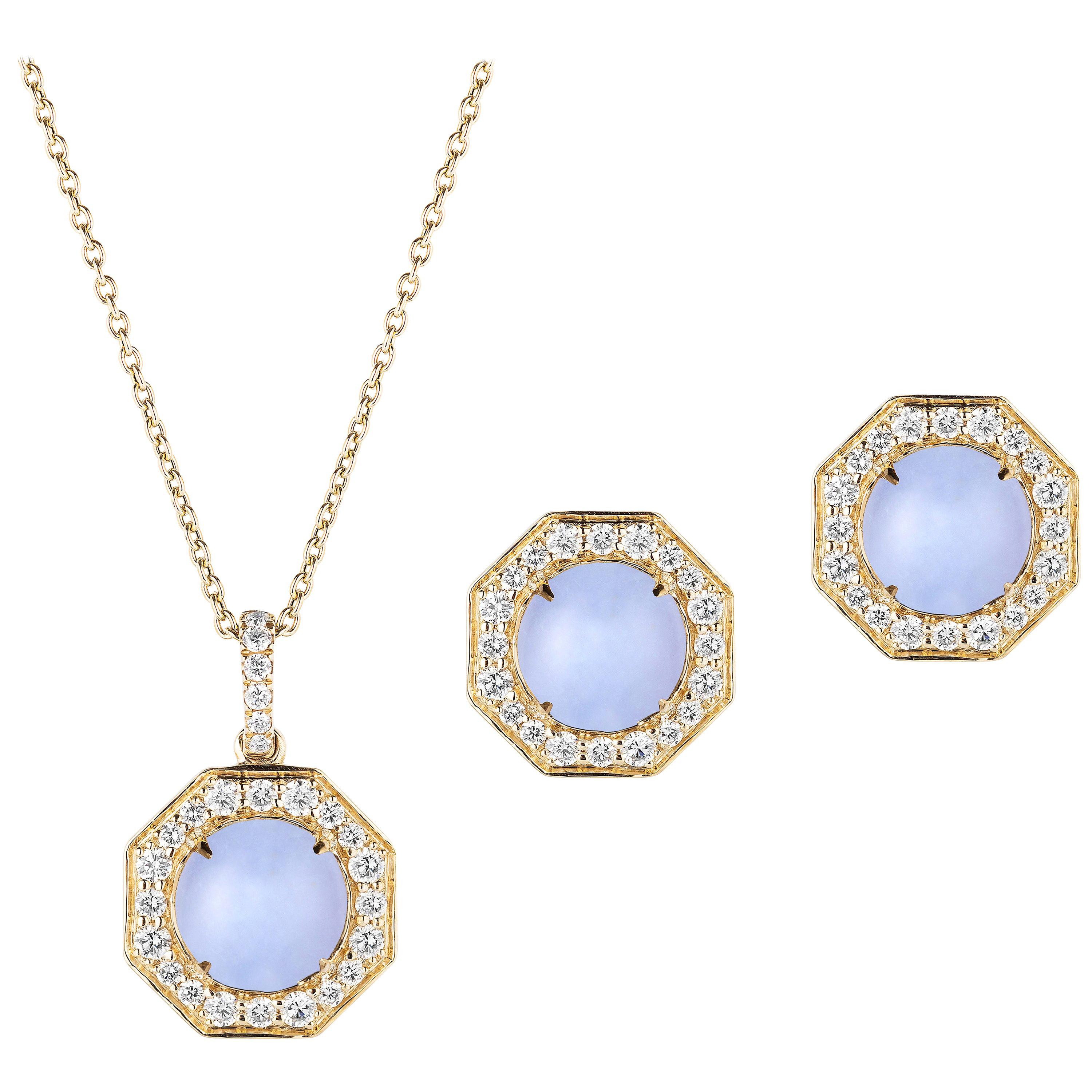 Goshwara Blue Chalcedony Cabochon with Diamond Pendant and Earrings For Sale
