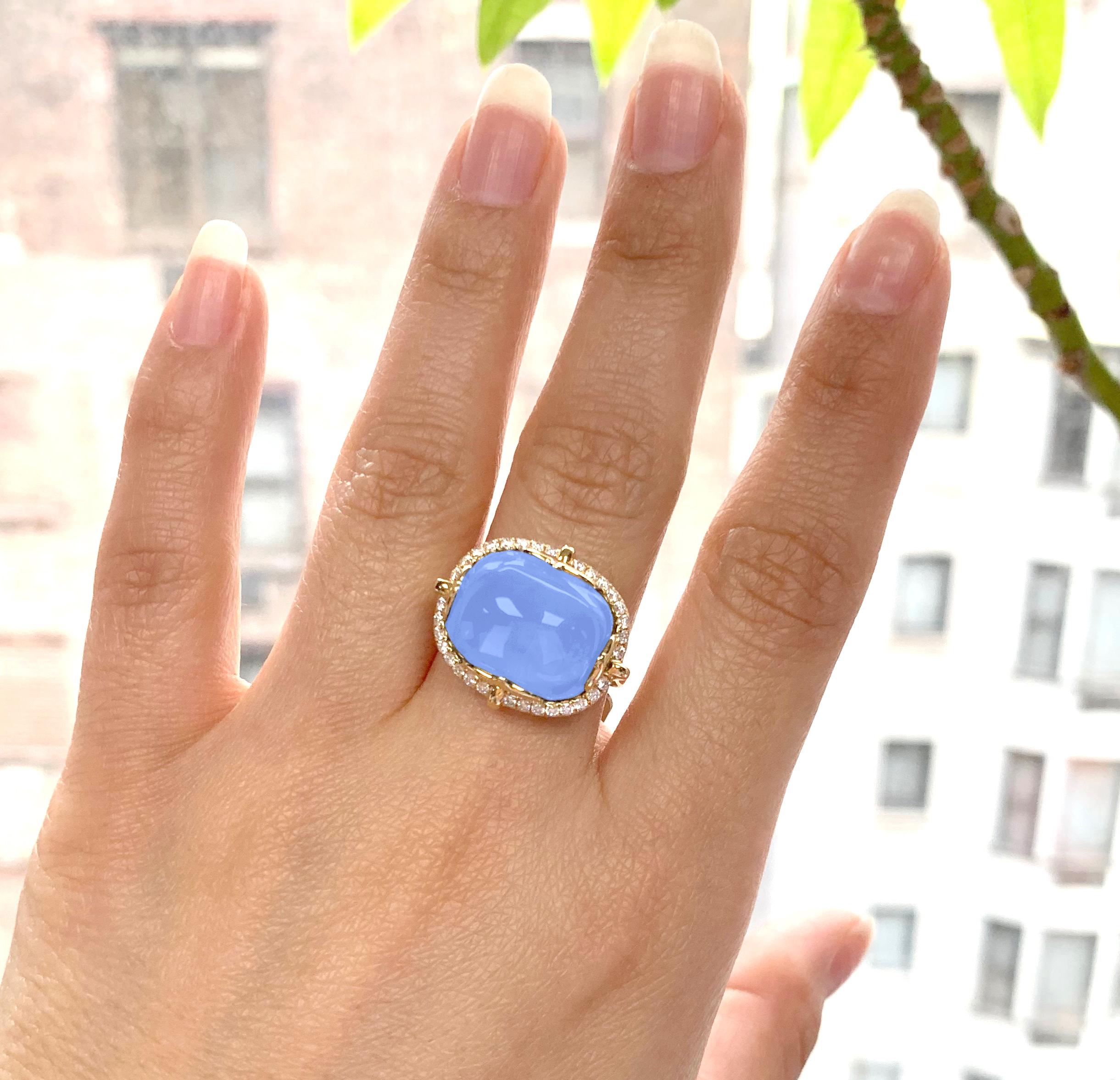 Blue Chalcedony Cushion Cabochon Ring in 18K Yellow Gold, from 'Rock 'N Roll' Collection. Extensive collection of big and bold pieces. Like the music, this Rock ‘n Roll collection is electric in color and very stimulating to the eye. These exciting