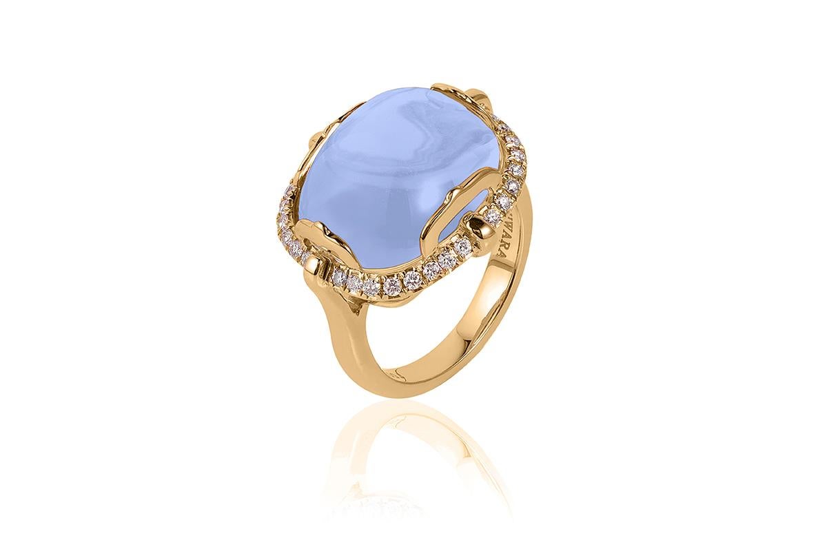 Contemporary Goshwara Blue Chalcedony Cushion Cabochon and Diamond Ring For Sale