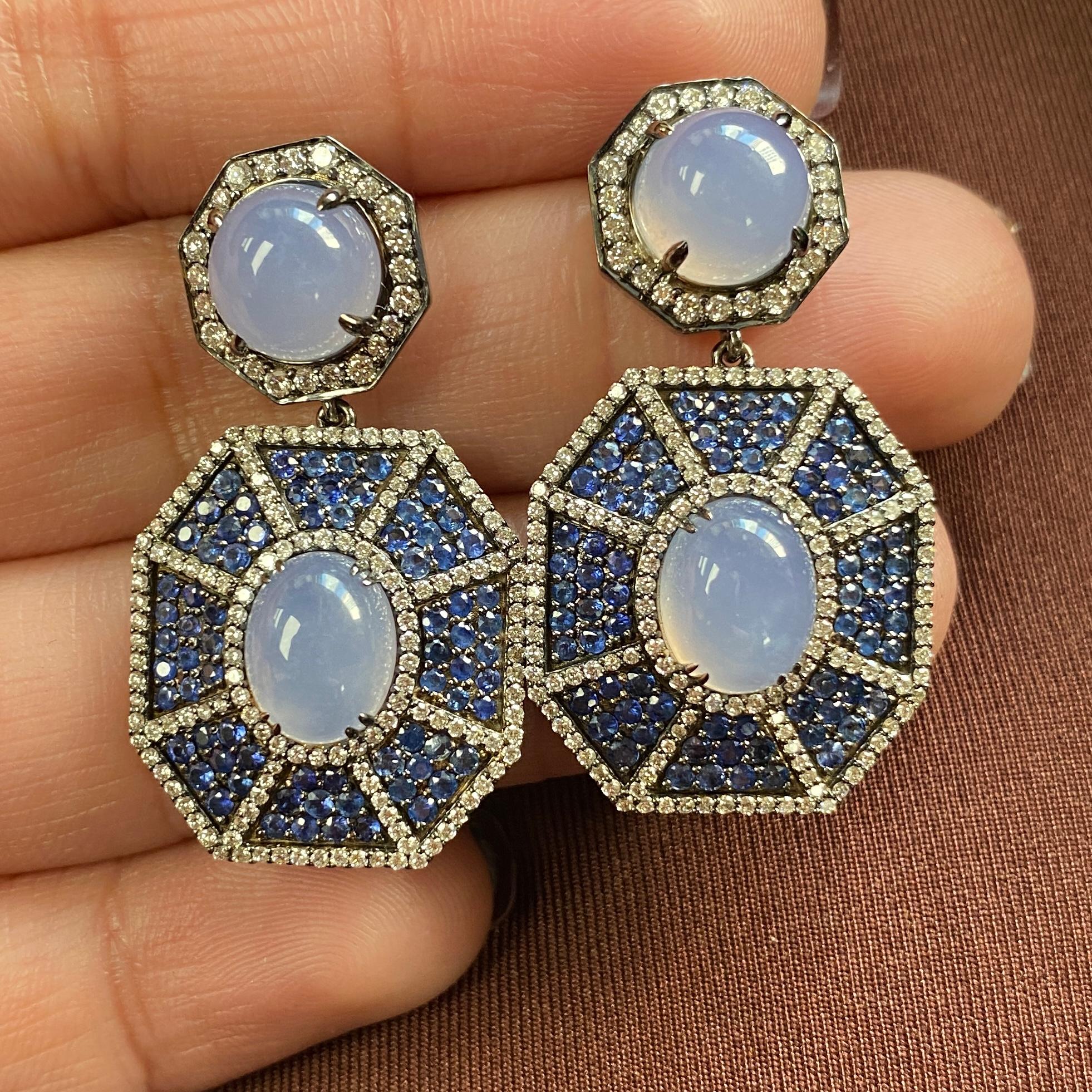 Goshwara Blue Chalcedony Double Octagon With Sapphire And Diamond Earrings For Sale 2
