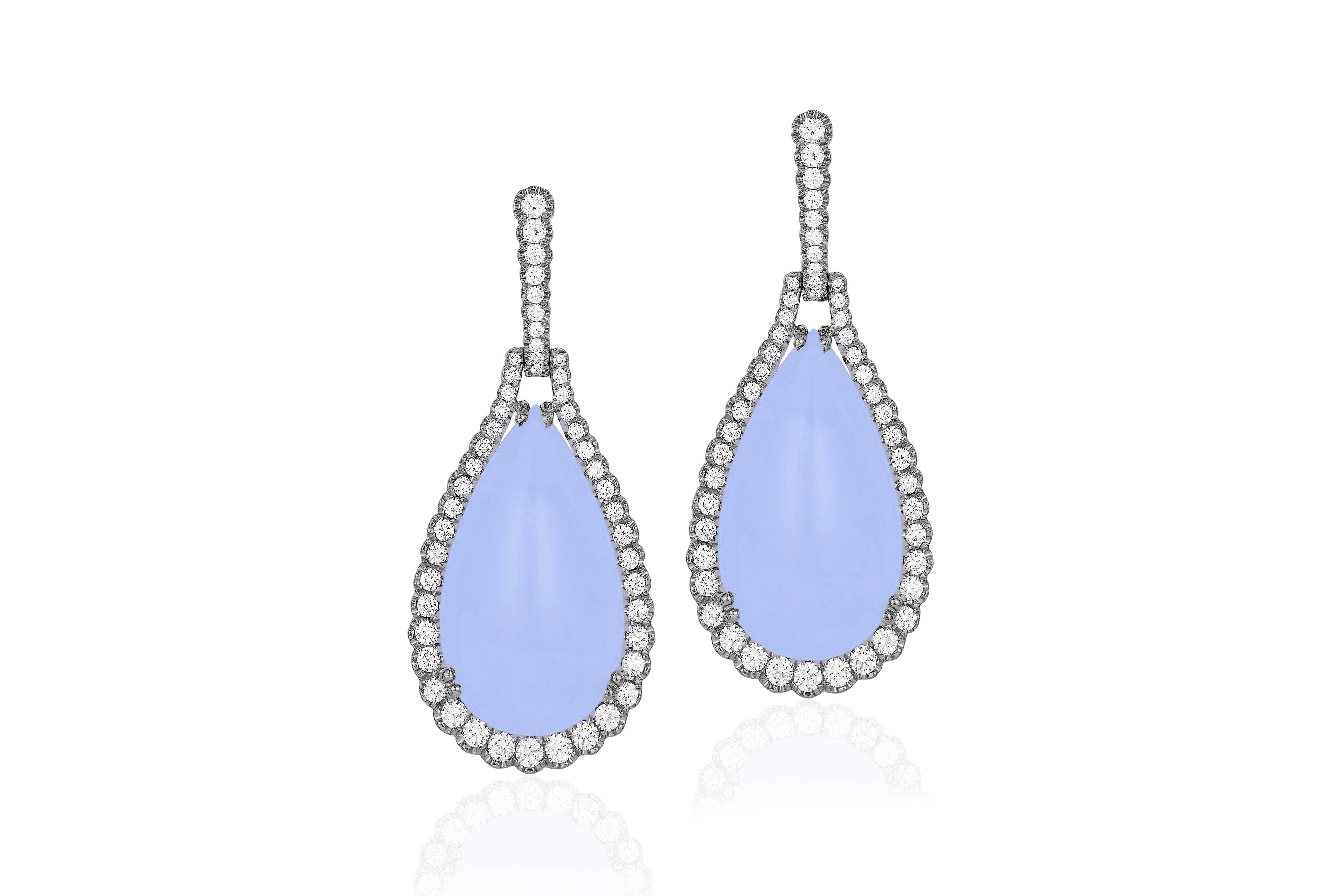 Blue Chalcedony Fat Drop Earrings with Diamonds in 18K White Gold And Black Rhodium, 'Limited-Edition' 

Stone Size: 31 x 15.3 mm 

Approx. Stone Wt: 68.38 Carats (Blue Chalcedony) 

Diamonds: G-H / VS, Approx. Wt: 1.84 Carats 