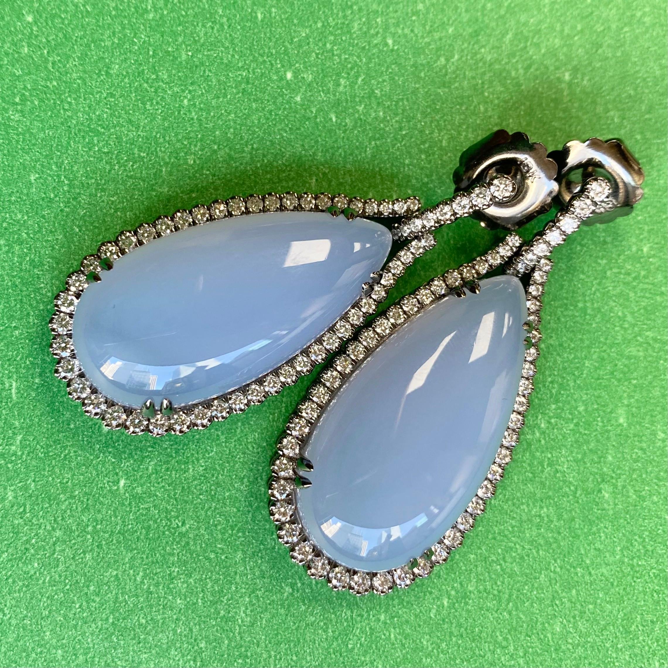 Contemporary Goshwara Blue Chalcedony Fat Drop with Diamonds Earrings For Sale