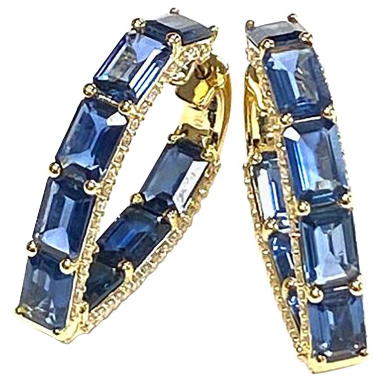 Blue Sapphire Emerald Cut Heart Shape Hoops Earrings with Diamonds in 18K Yellow Gold, from 'G-One' Collection

Approx. Stone Wt: 8.81 Carats (Blue Sapphire)

Diamonds: G-H / VS, Approx. Wt: 0.95 Carats