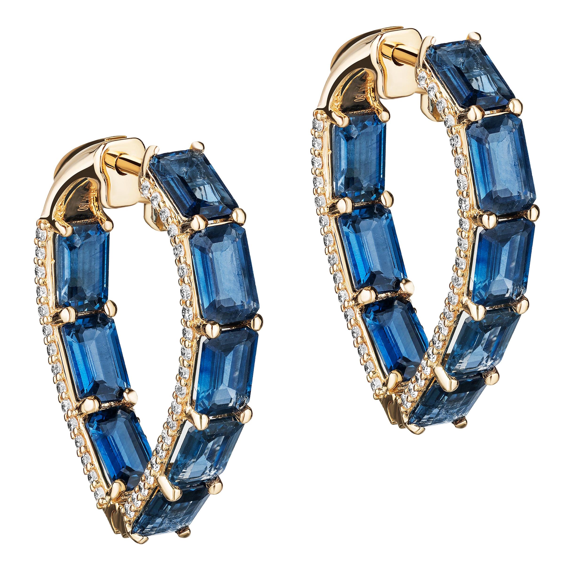 Goshwara Blue Sapphire Emerald Cut Heart Shape with Diamonds Hoops Earrings