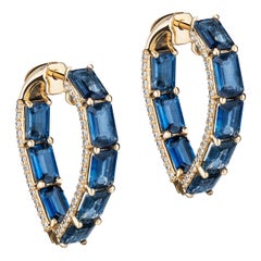 Goshwara Blue Sapphire Emerald Cut Heart Shape with Diamonds Hoops Earrings