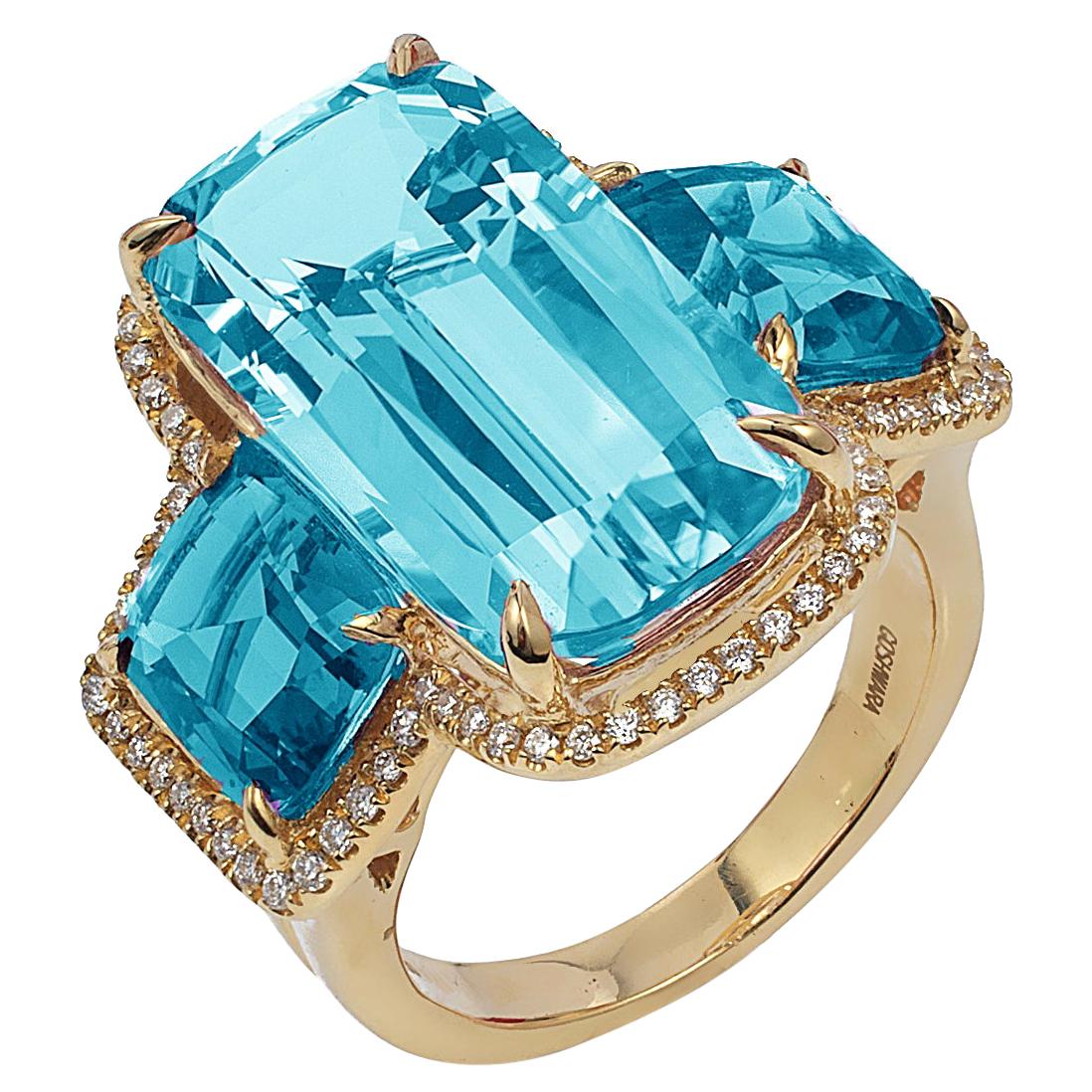 Goshwara Blue Topaz 3 Stone Cushion with Diamonds Ring  For Sale