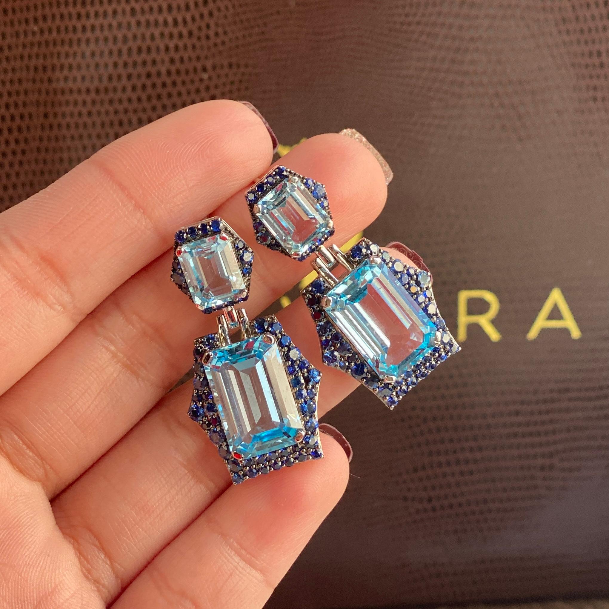 Emerald Cut Blue Topaz and Blue Sapphire Earrings For Sale