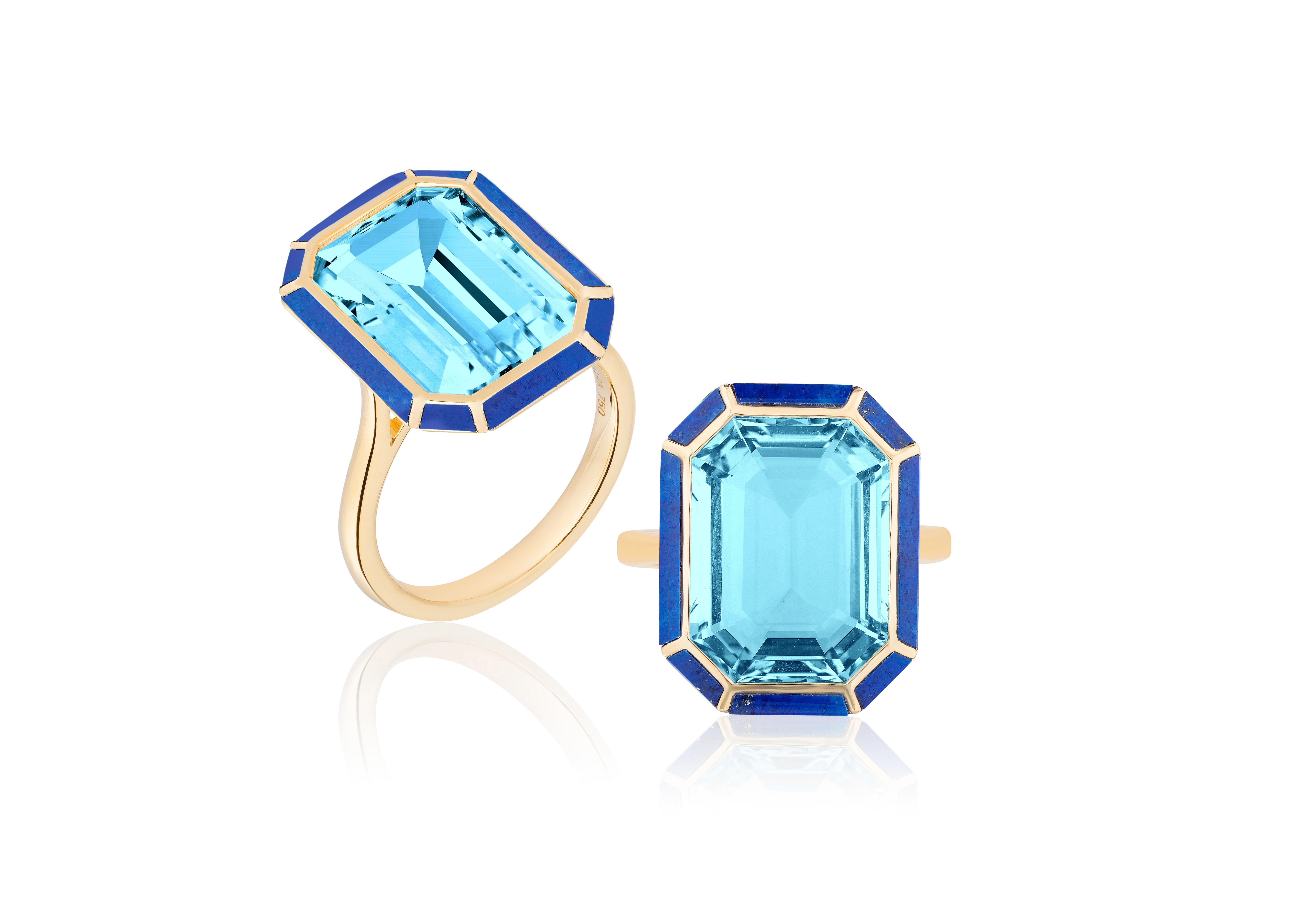 Blue Topaz and Lapis Emerald Cut Ring in 18K Yellow Gold, from 'Mélange' Collection.

Beautifully crafted, these special pieces from Goshwara are not to be missed!

* Gemstone: 100% Earth Mined 
* Approx. gemstone Weight: 20.93 Carats (Blue Topaz);