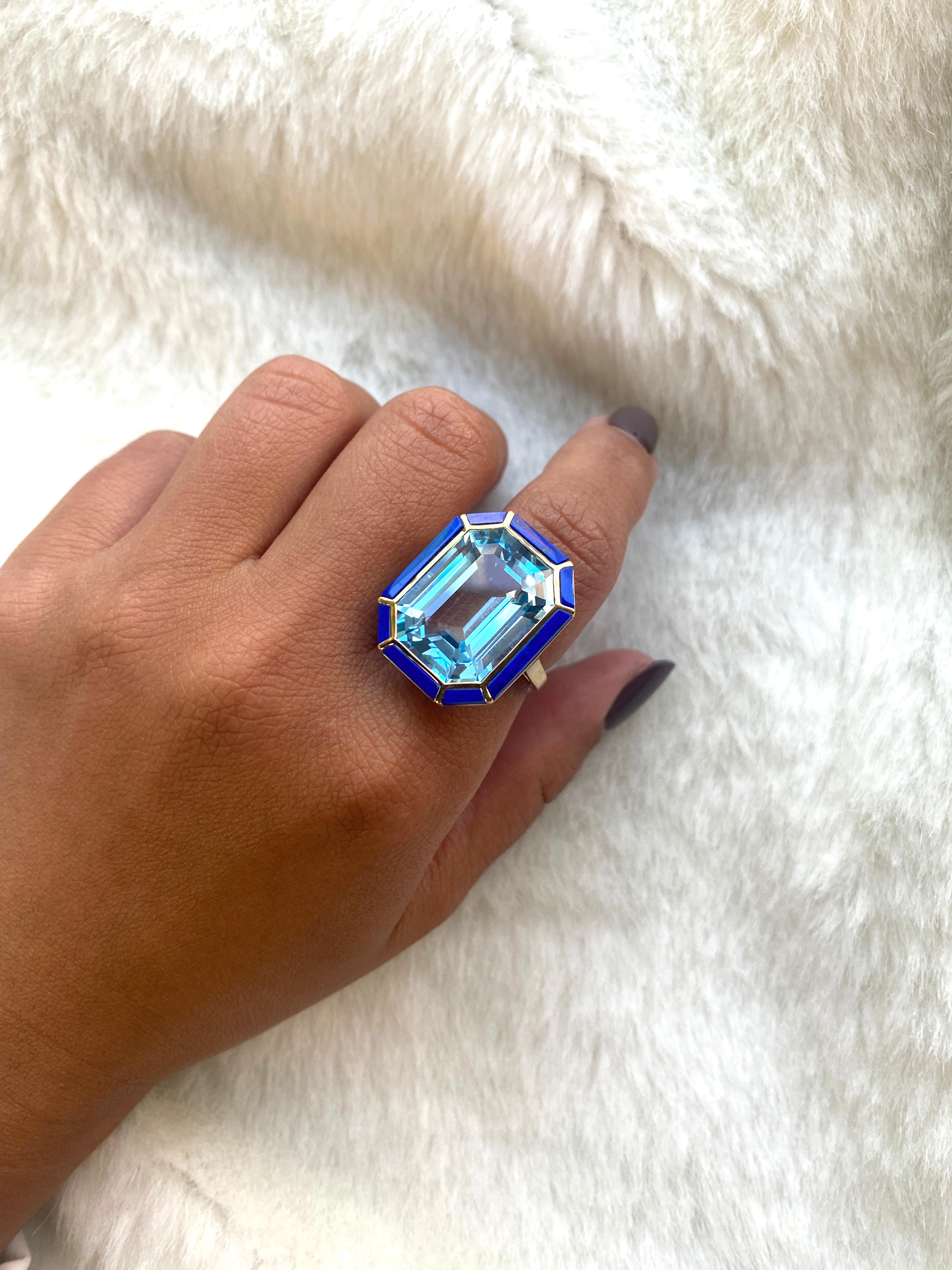 Contemporary Goshwara Blue Topaz and Lapis Emerald Cut Ring For Sale