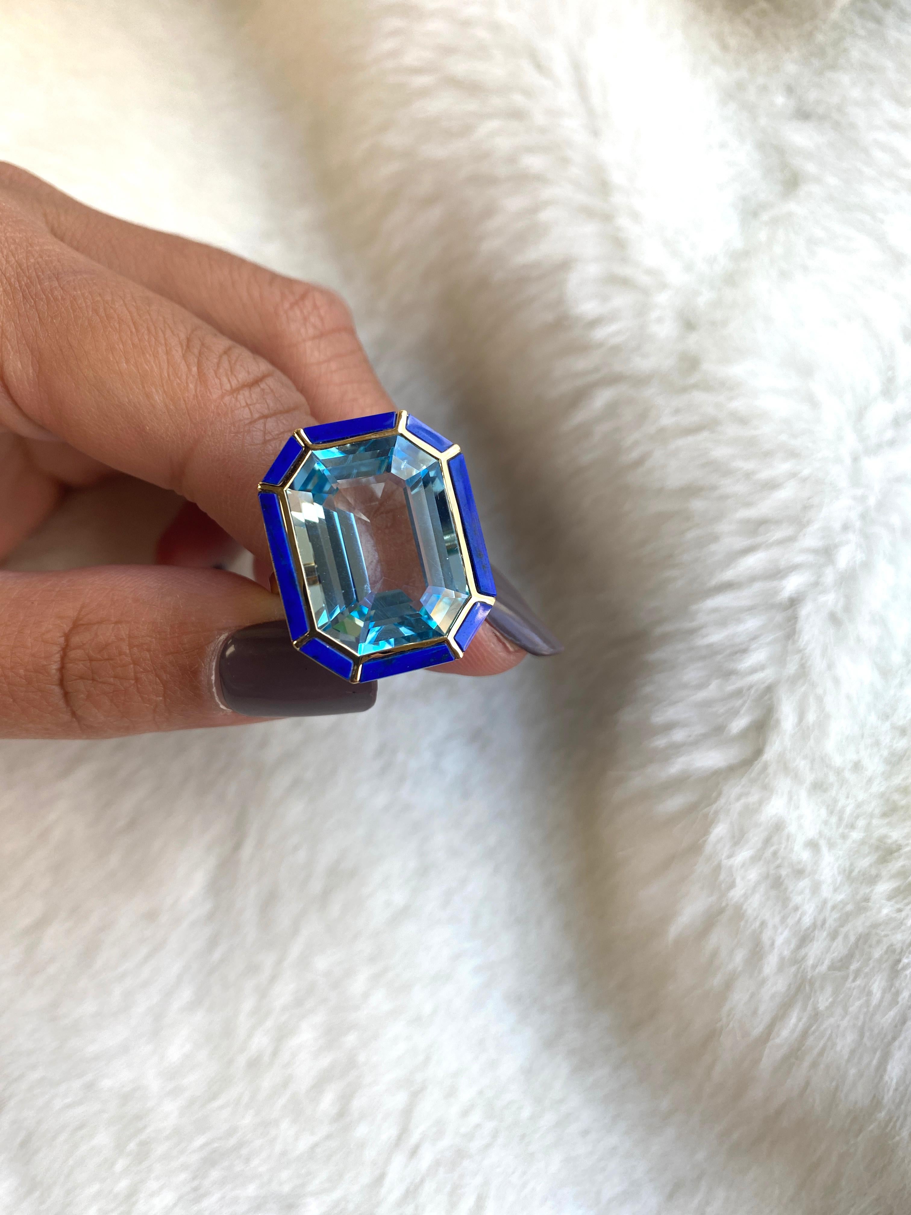 Goshwara Blue Topaz and Lapis Emerald Cut Ring In New Condition For Sale In New York, NY