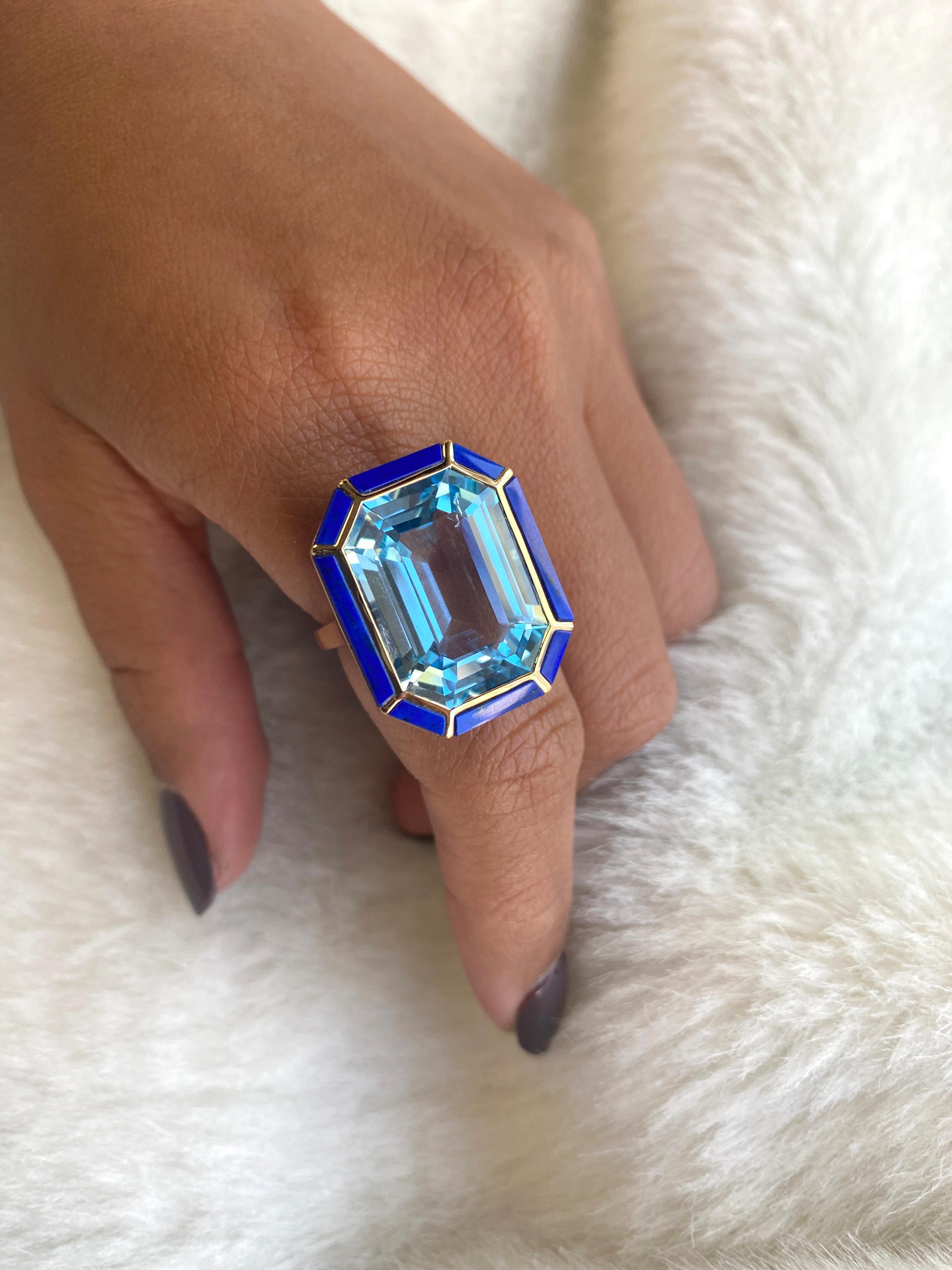 Women's Goshwara Blue Topaz and Lapis Emerald Cut Ring For Sale