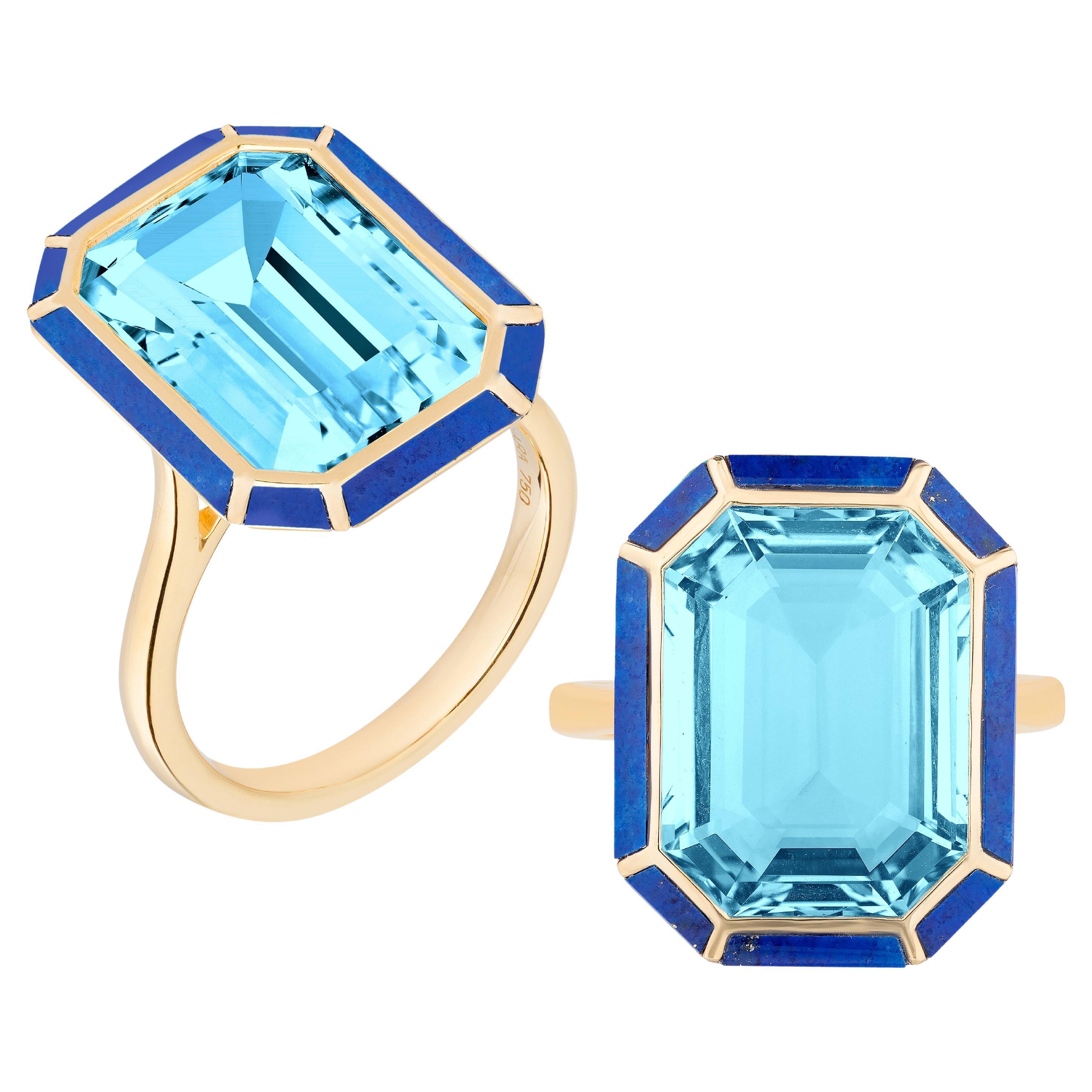 Goshwara Blue Topaz and Lapis Emerald Cut Ring For Sale