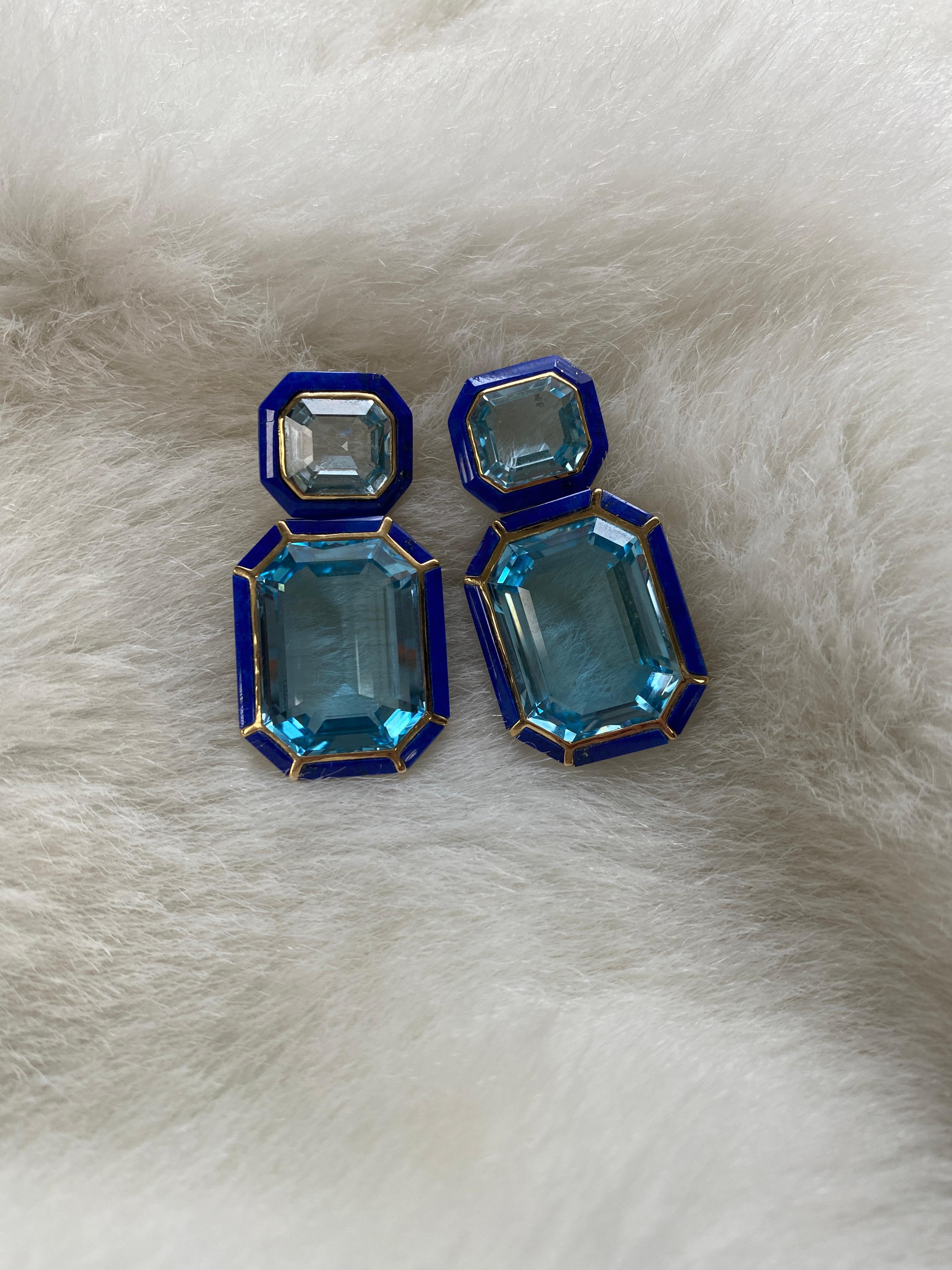 Contemporary Goshwara Blue Topaz and Lapis Lazuli Emerald Cut Earrings For Sale