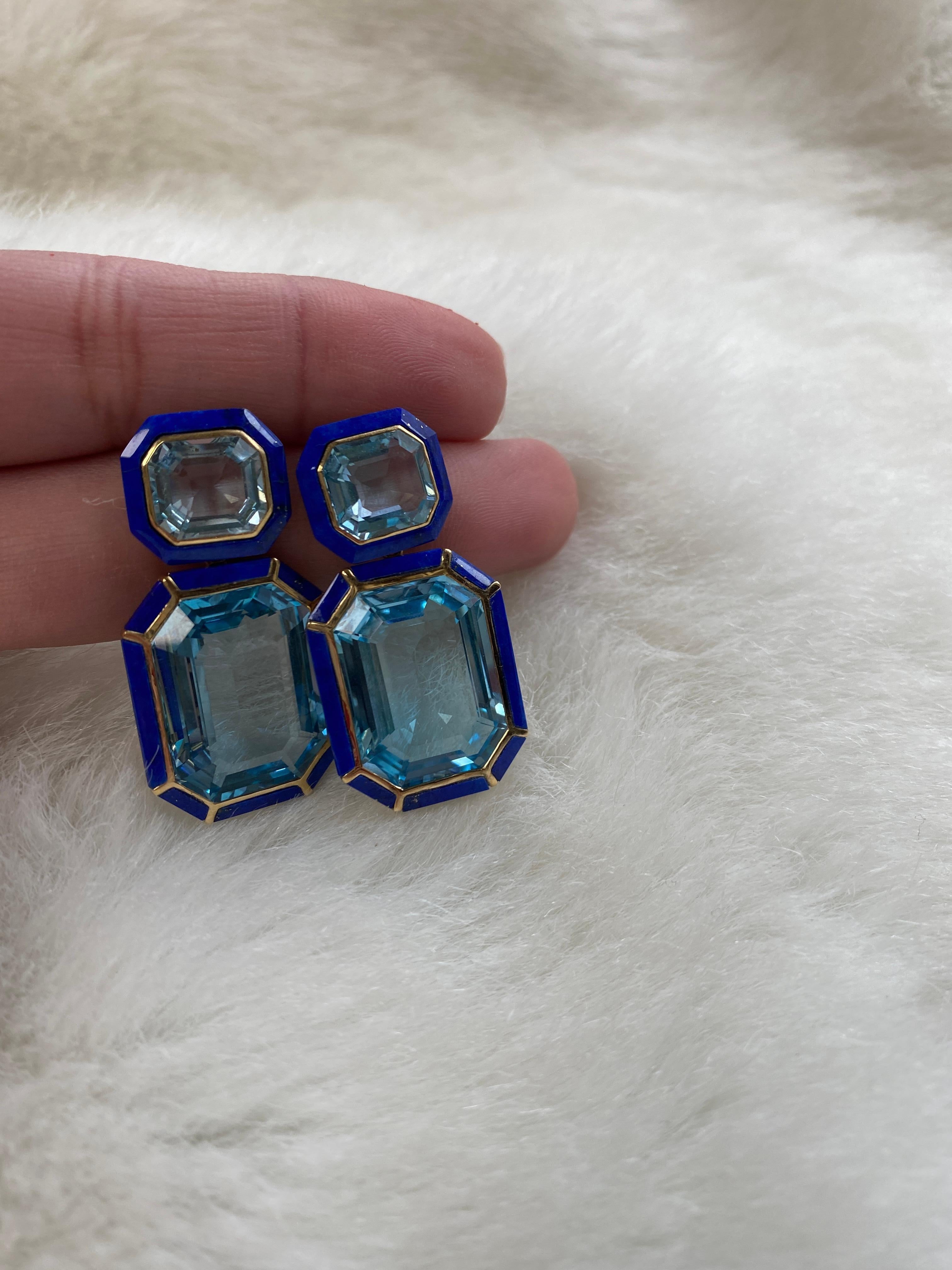 Goshwara Blue Topaz and Lapis Lazuli Emerald Cut Earrings In New Condition For Sale In New York, NY