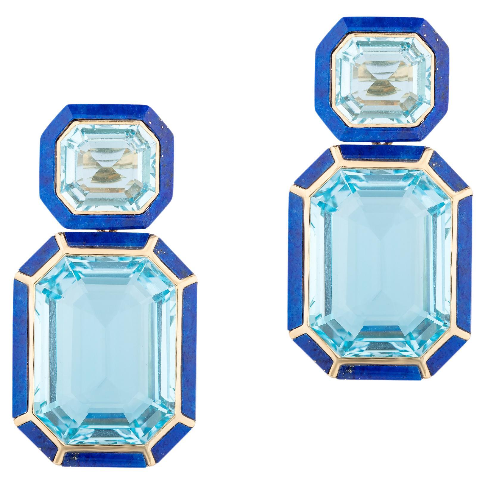 Goshwara Blue Topaz and Lapis Lazuli Emerald Cut Earrings For Sale