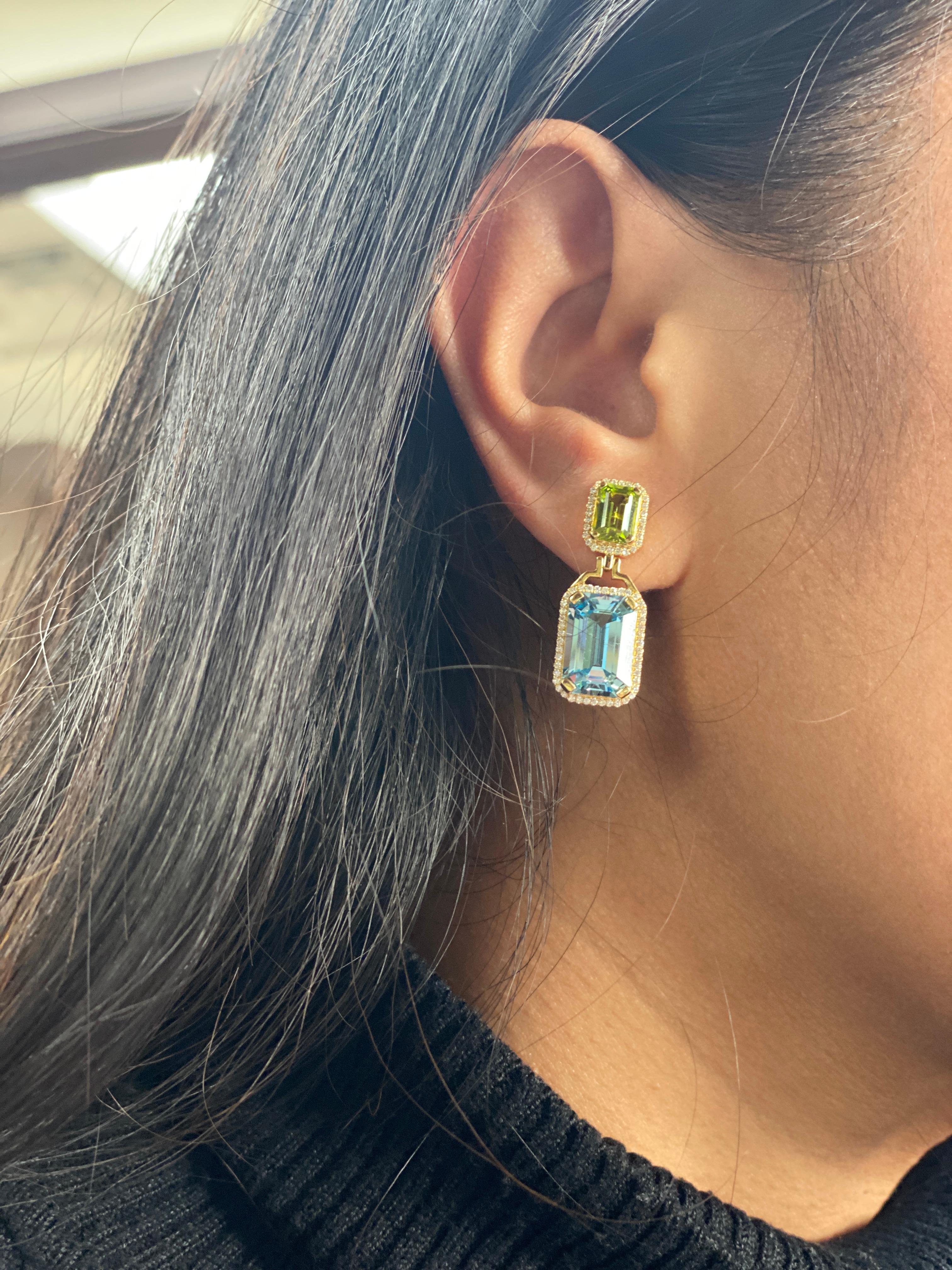 Contemporary Goshwara Blue Topaz and Peridot Emerald Cut with Diamond Earrings For Sale