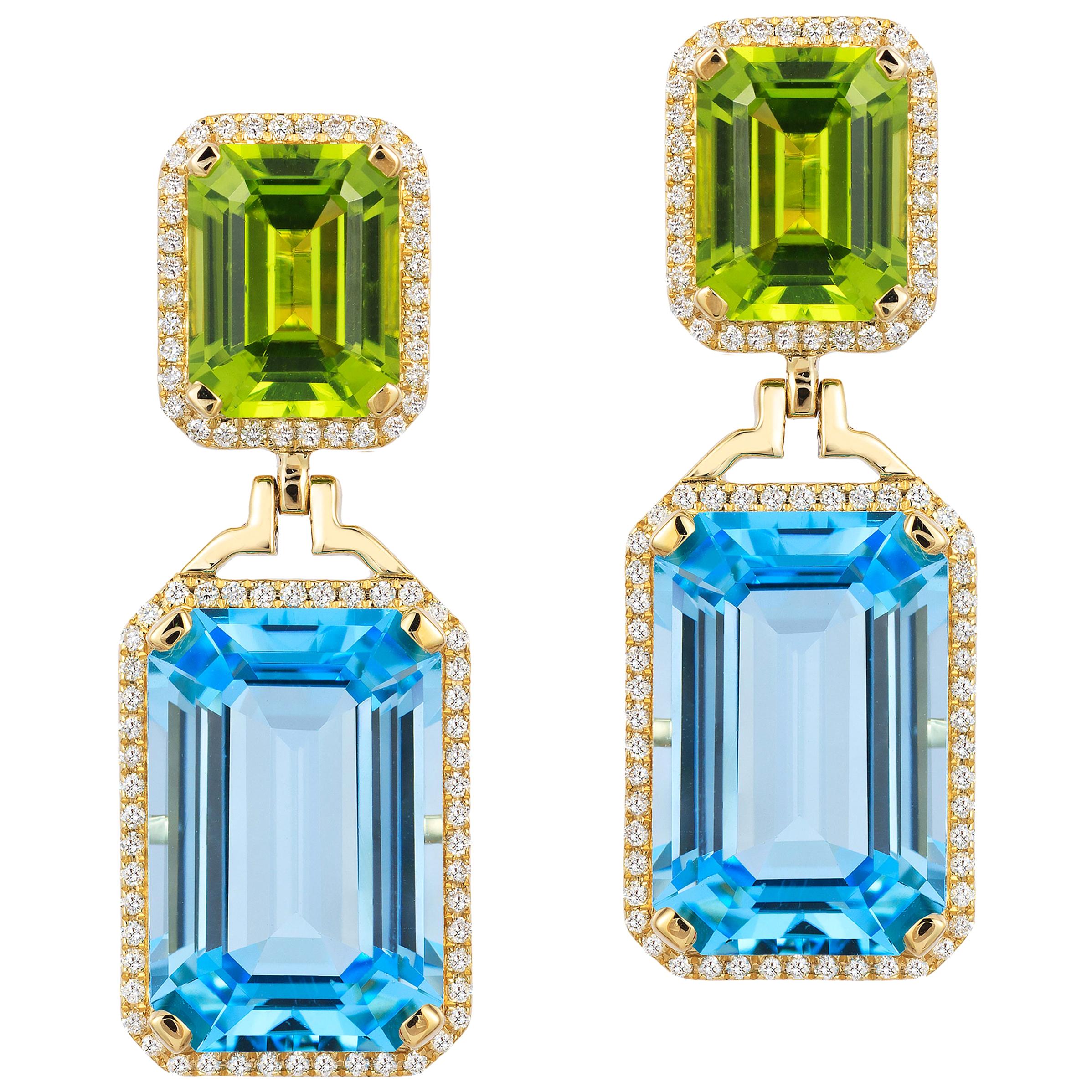 Goshwara Blue Topaz and Peridot Emerald Cut with Diamond Earrings