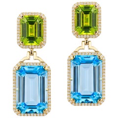 Goshwara Blue Topaz and Peridot Emerald Cut with Diamond Earrings