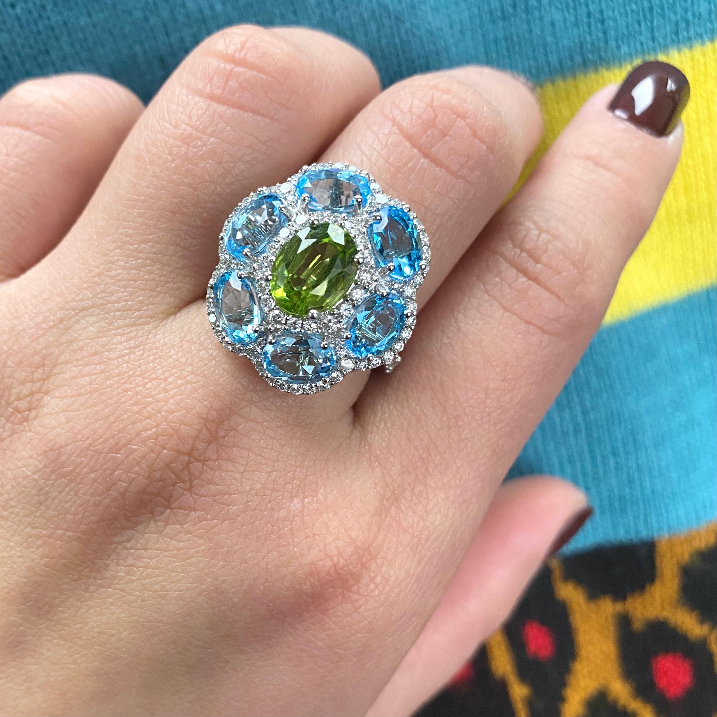 Blue Topaz and Peridot Ring in 18K White Gold from 'Gossip' Collection

Approx. gemstone Wt: 2.16 Carats (Peridot); 6.05 Carats (Blue Topaz) 

Diamonds: G-H / VS, Approx. Wt: 1.00 Carats 